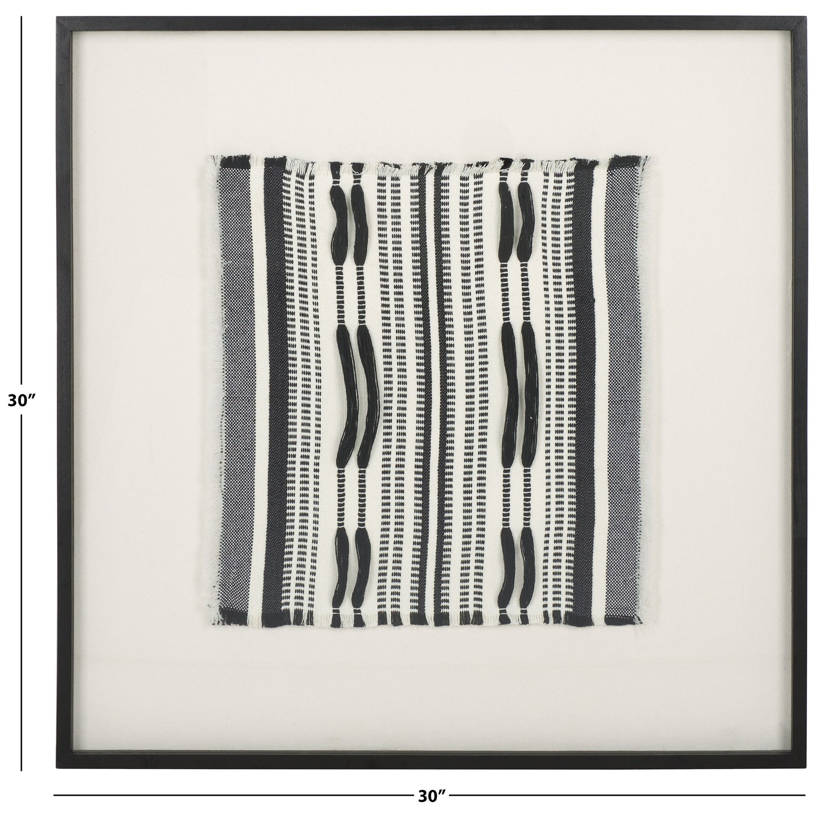 Square black-framed textile art measures 30 inches in both height and width. || WLA1900A || dimension_studio