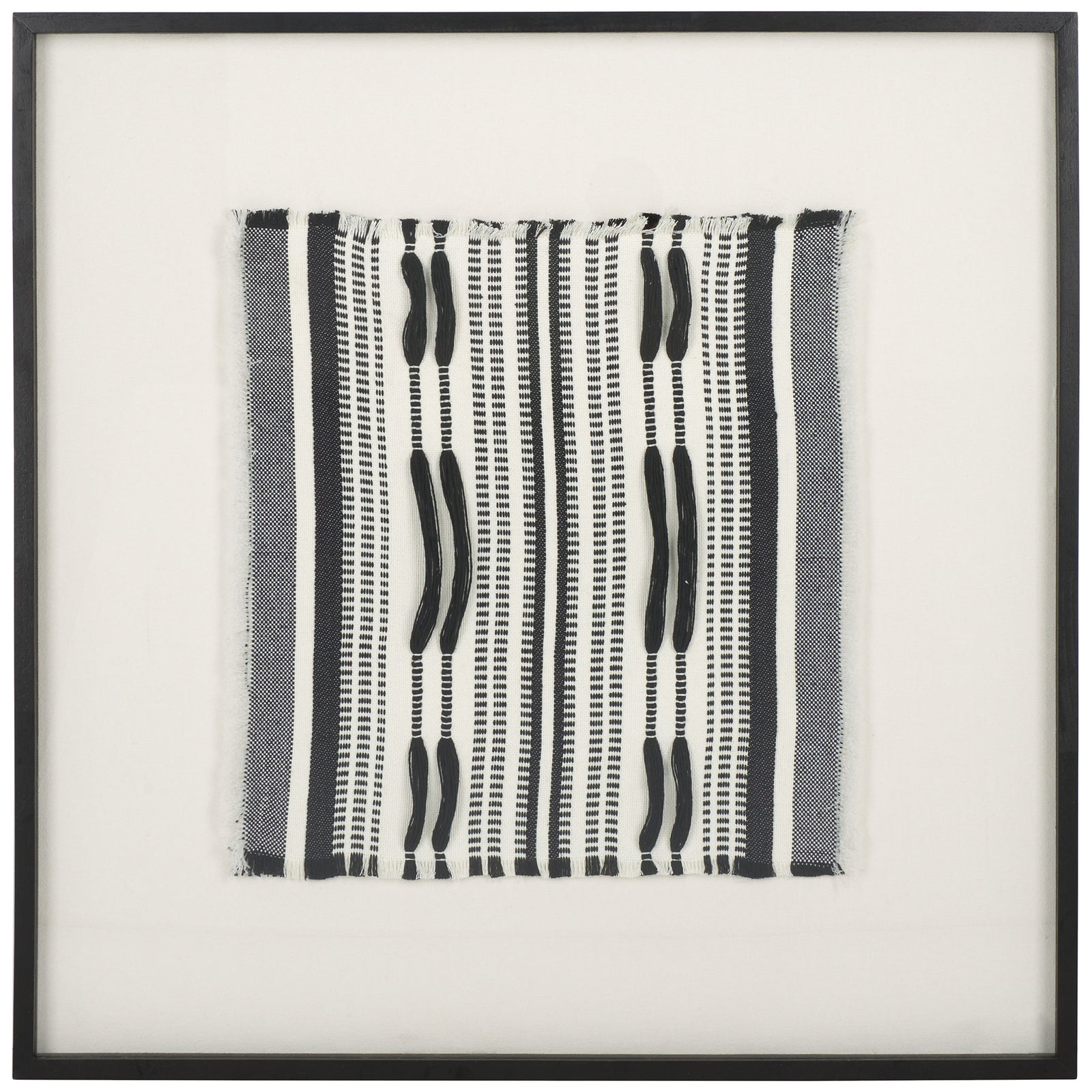 Vertical woven stripes and elongated black motifs create a striking monochrome pattern. || WLA1900A || front_studio