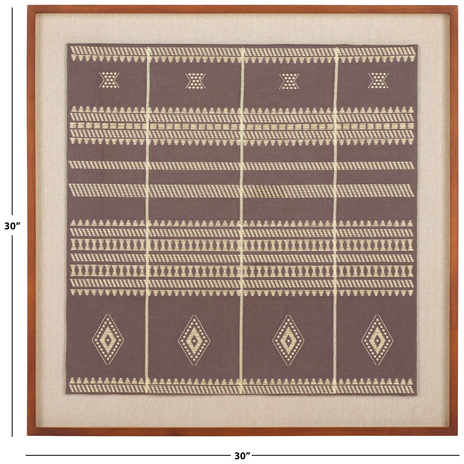 This 30-inch-square framed textile art balances cream geometric motifs against a rich brown field. || WLA1902A || dimension_studio