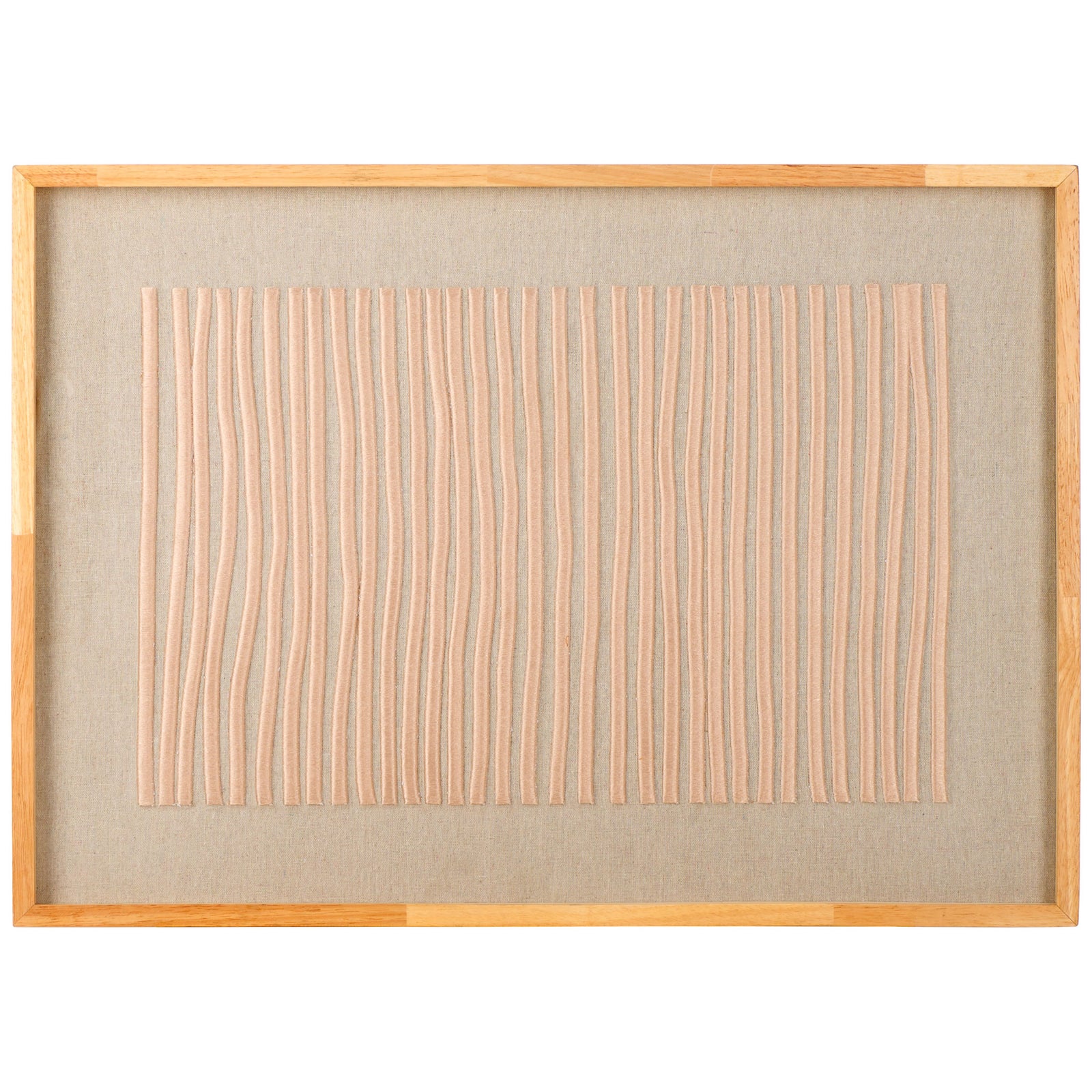 Vertical beige embroidery adds soft dimension to linen artwork enclosed in a natural wood frame || WLA1905A || front_studio