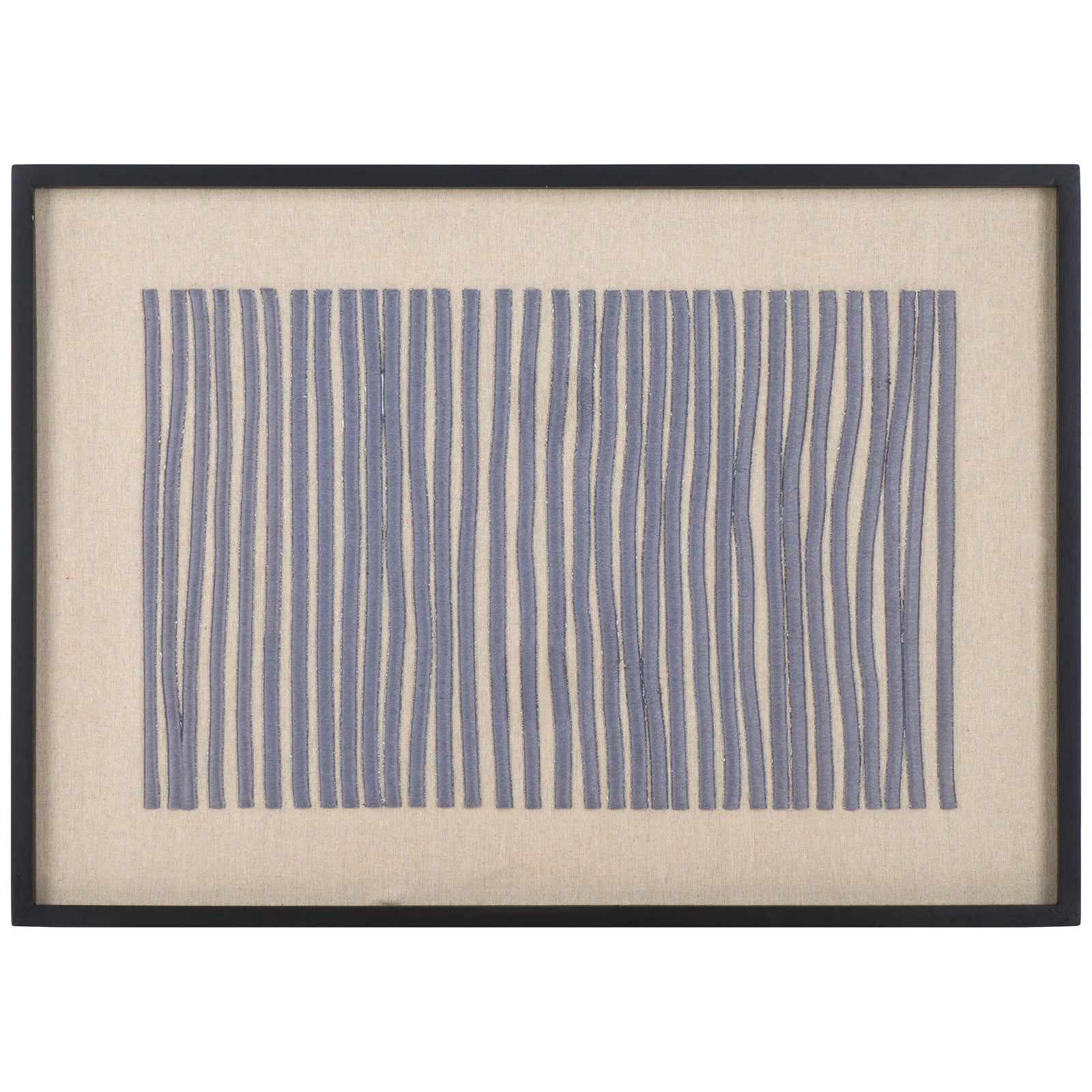 Slim gray-purple embroidered stripes bring geometric rhythm to natural linen in a sleek black frame. || WLA1906A || front_studio