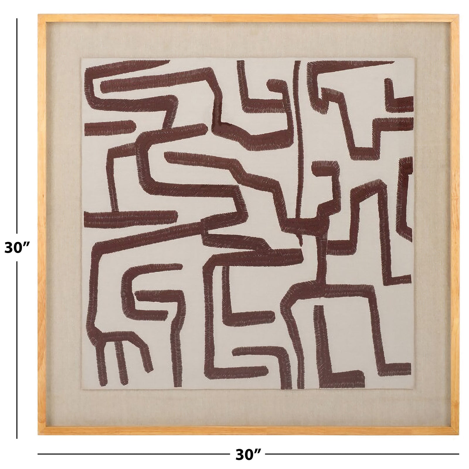 30-inch square textile art pairs chocolate brown geometric lines with a light wood frame || WLA1907A || dimension_studio