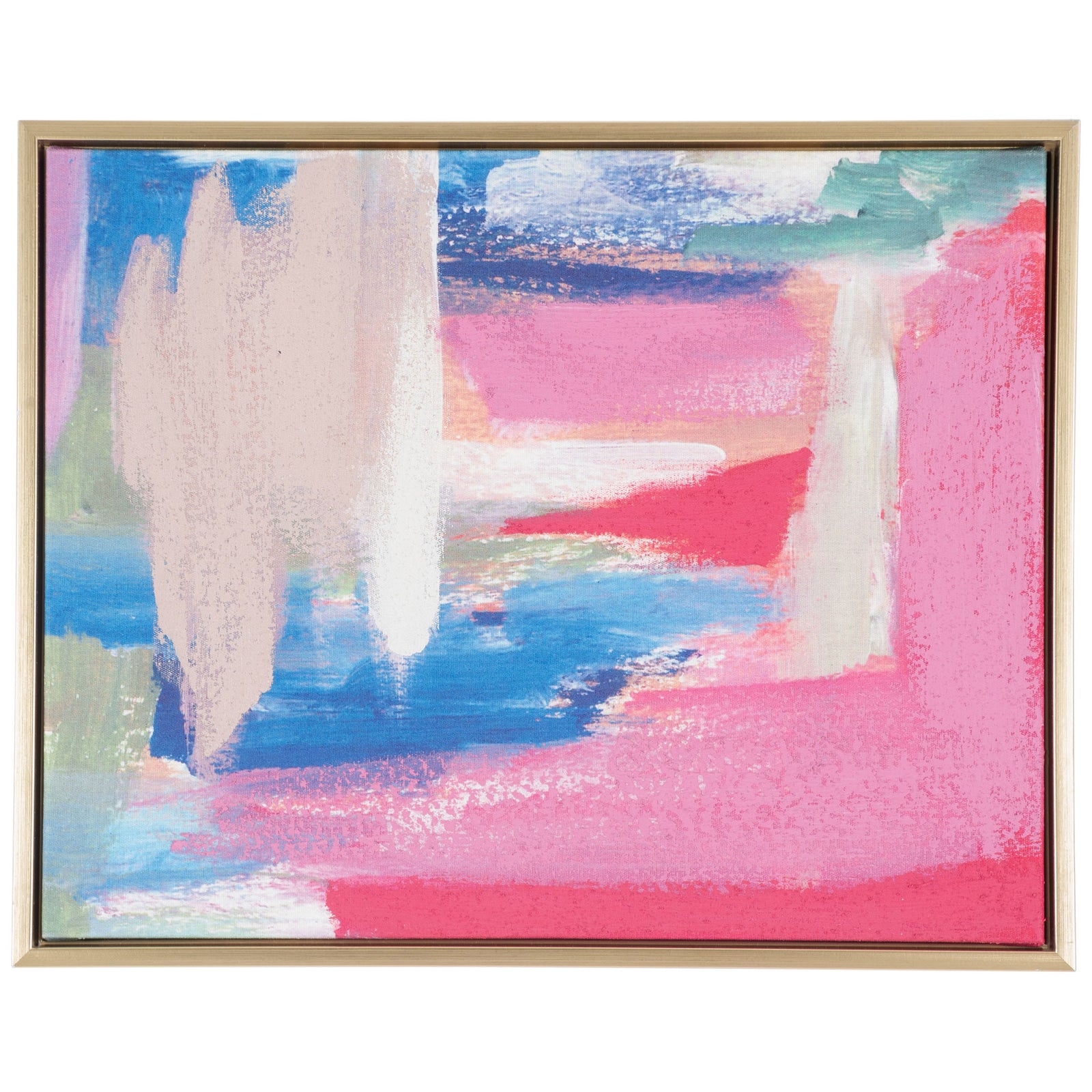 Expressive pink, blue, and teal brushstrokes create vibrant abstract art within a gold frame. || WLA2074A || front_studio