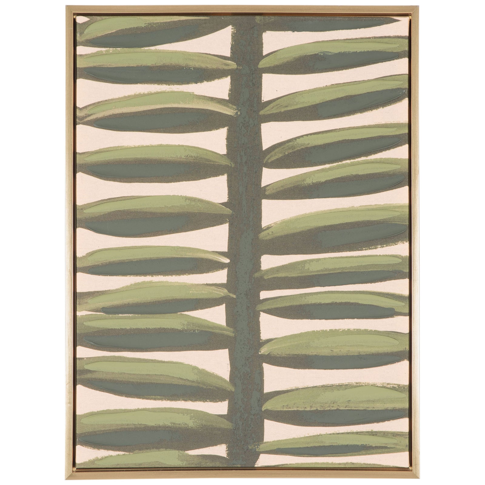 Elongated green leaves branch from a central stem on beige linen within a slim gold frame. || WLA2075A || front_studio