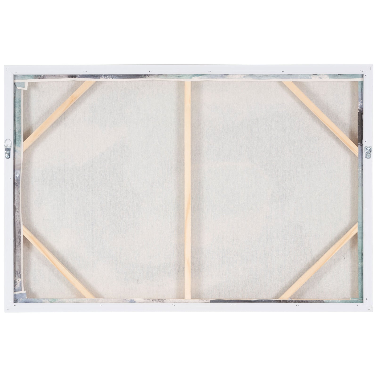Stretched linen canvas features wooden support braces and metal hanging hardware for wall display || WLA2077A || back_studio