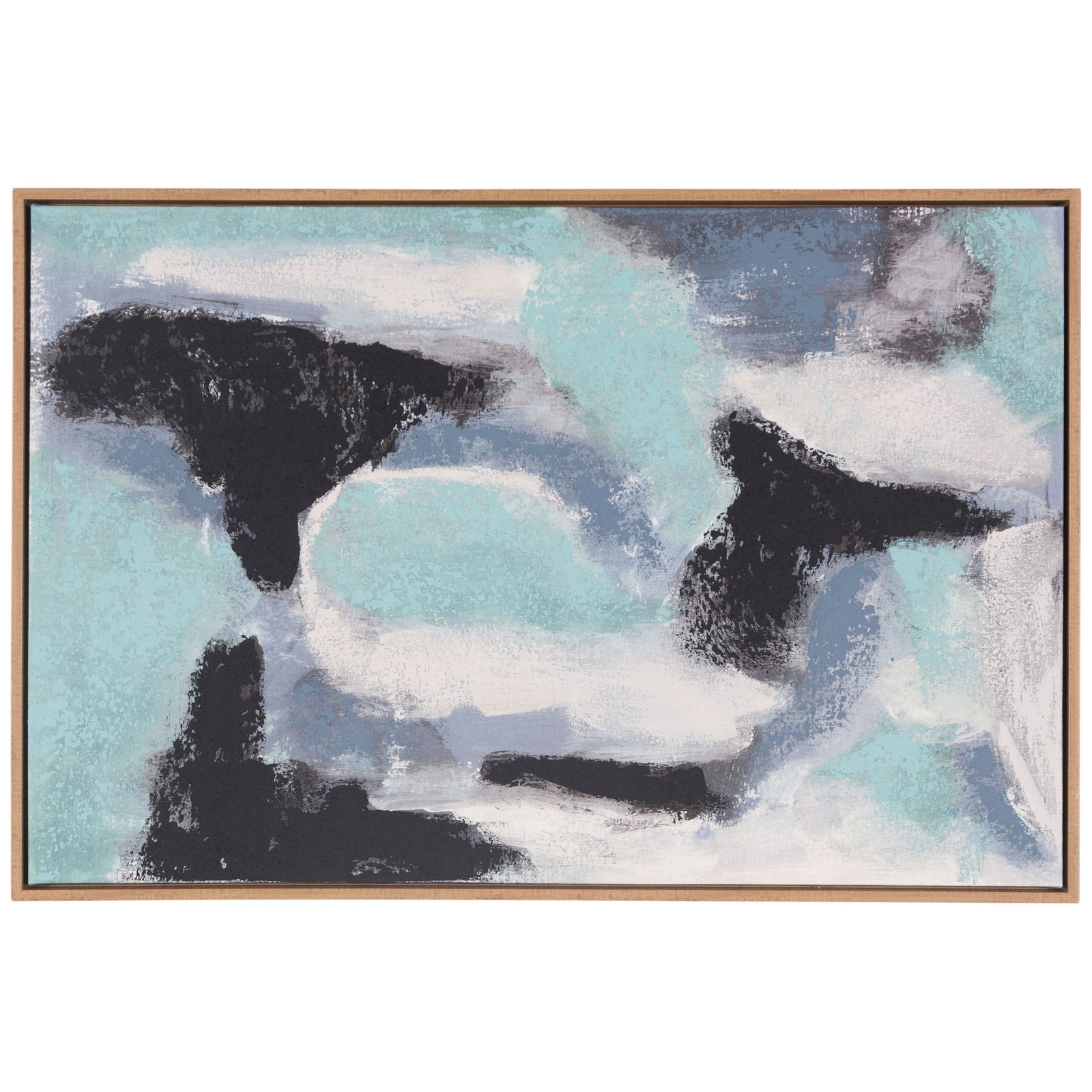 Flowing seafoam, blue, white, and black shapes create a serene abstract canvas in a slim gold-tone frame || WLA2077A || front_studio