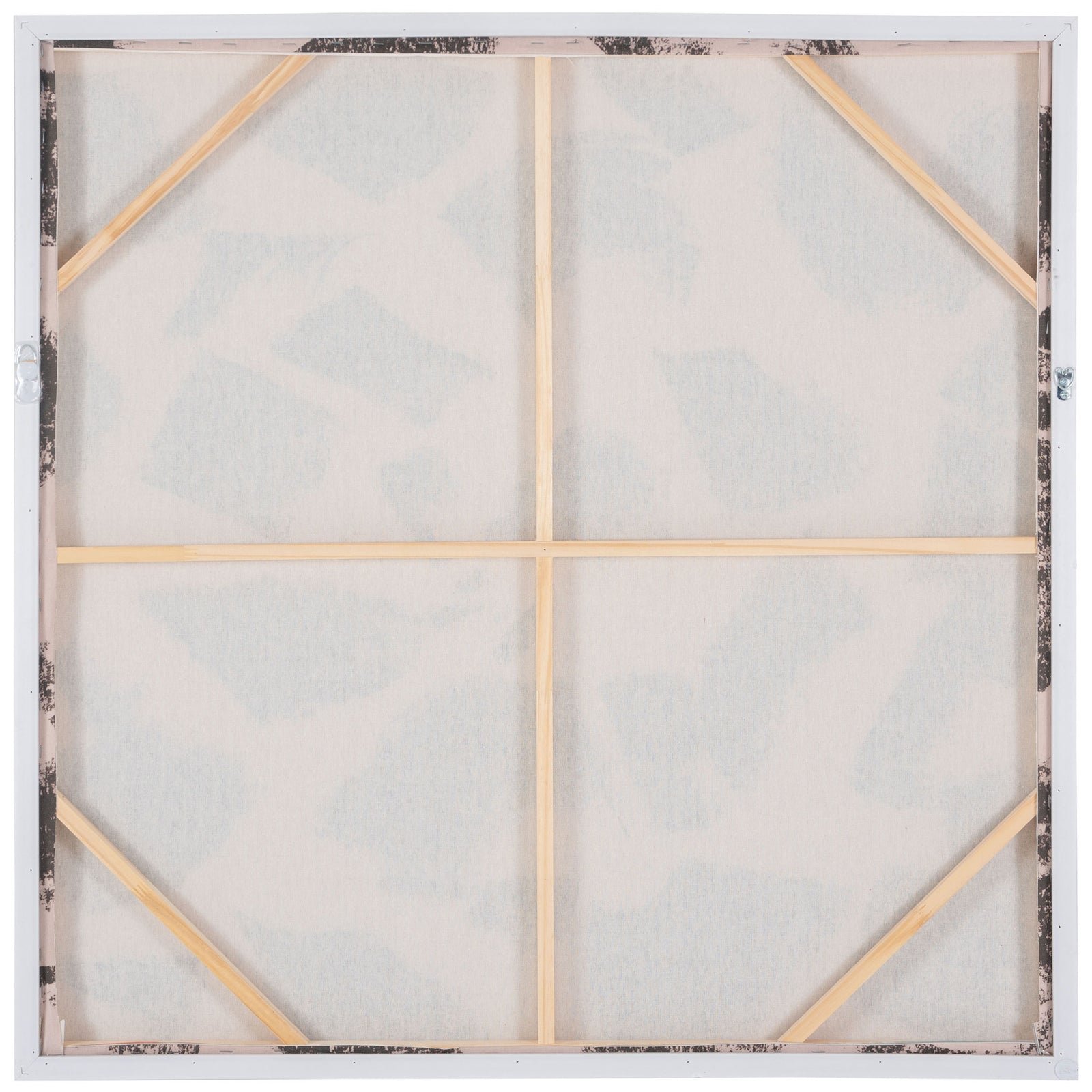 Natural wood supports reinforce the linen canvas inside its square frame. || WLA2079A || back_studio