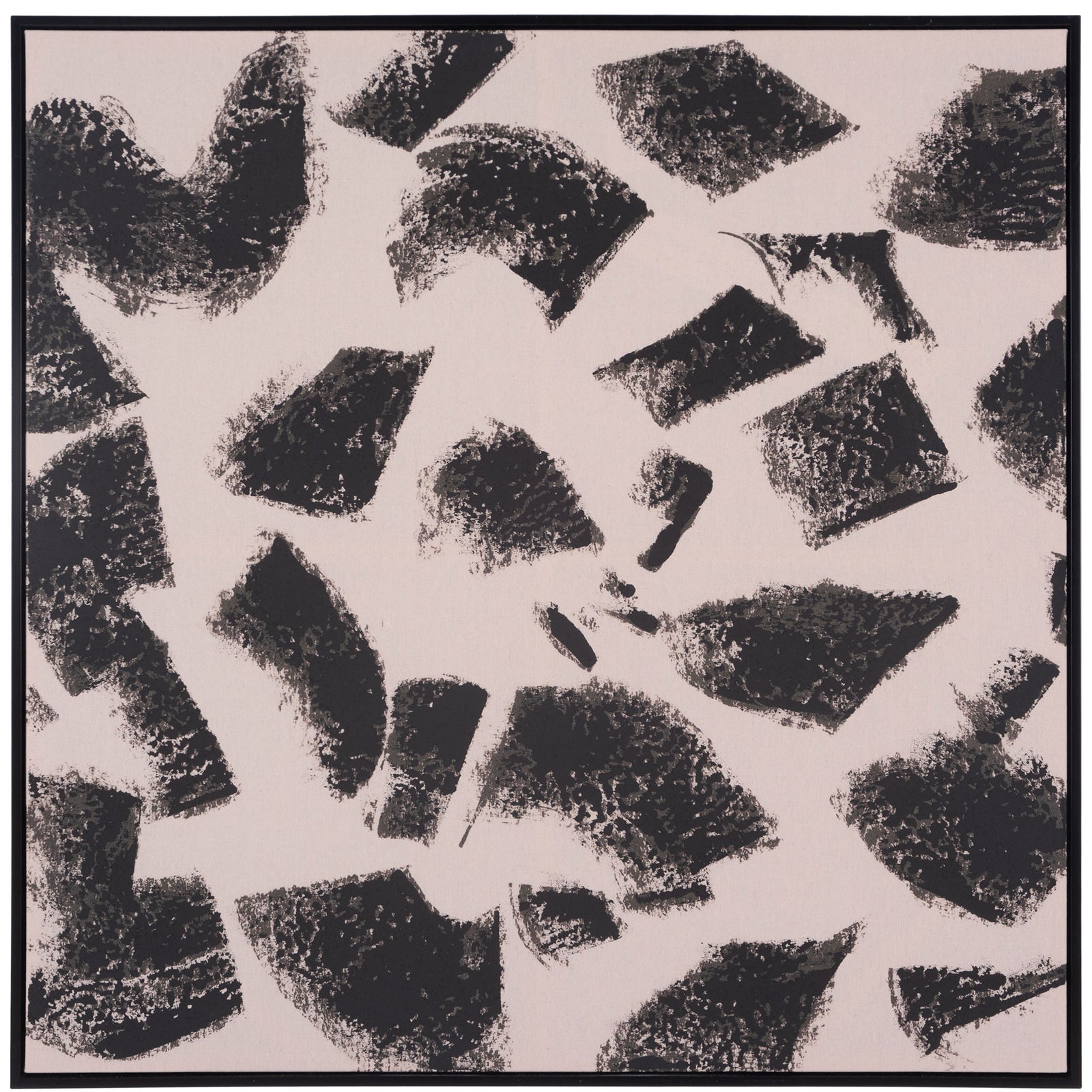 Irregular black brushstrokes animate light taupe linen in a slender square frame. || WLA2079A || front_studio