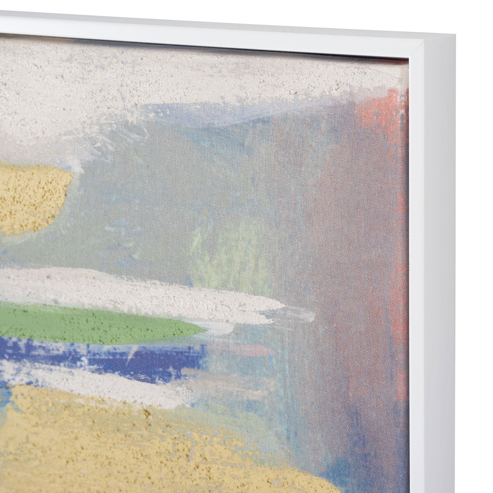 Textured swaths of blue, green, and yellow meet the slim white frame of this abstract canvas. || WLA2080A || detail_studio