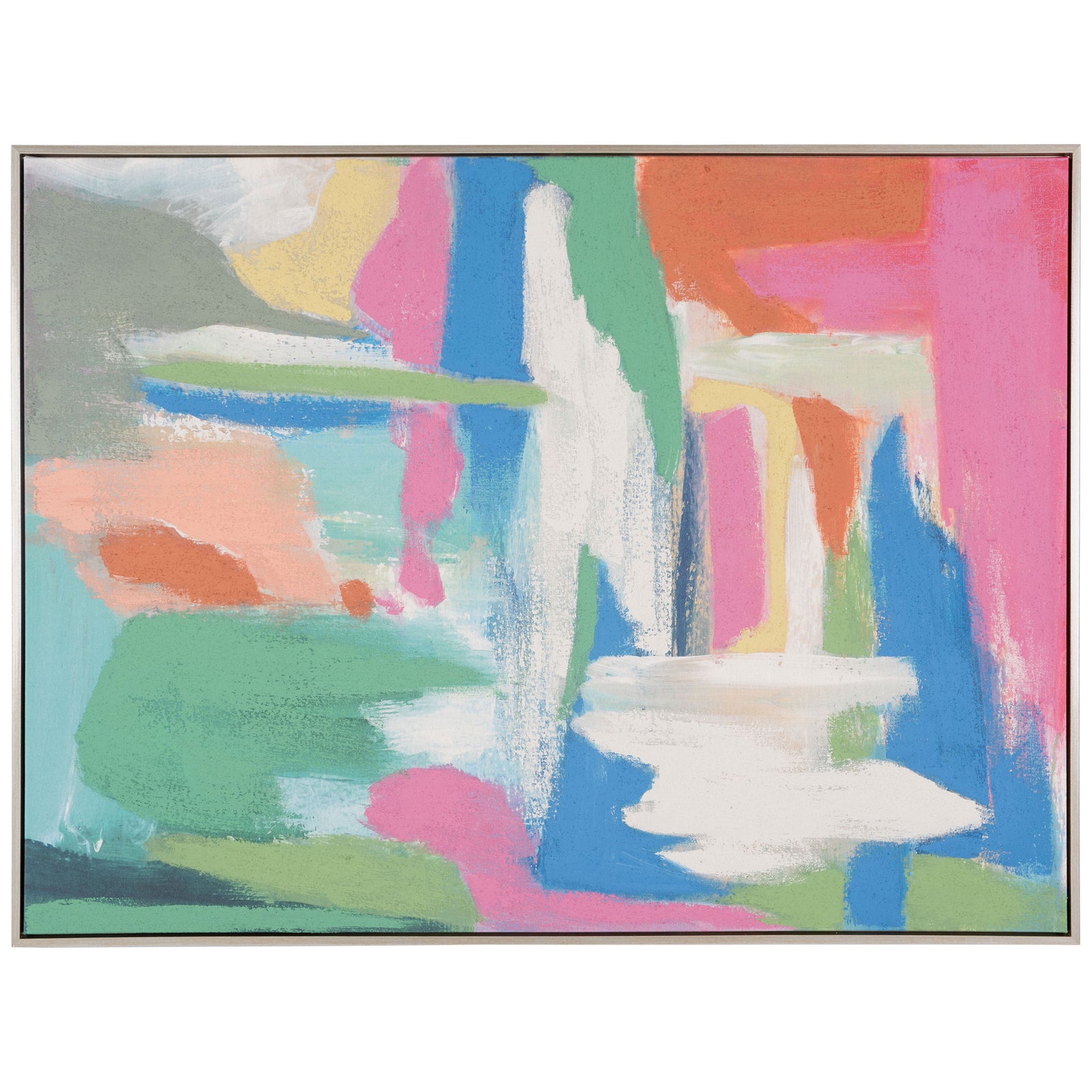Colorful abstract brushstrokes in pink, blue, green and orange fill a slim-framed canvas. || WLA2081A || front_studio