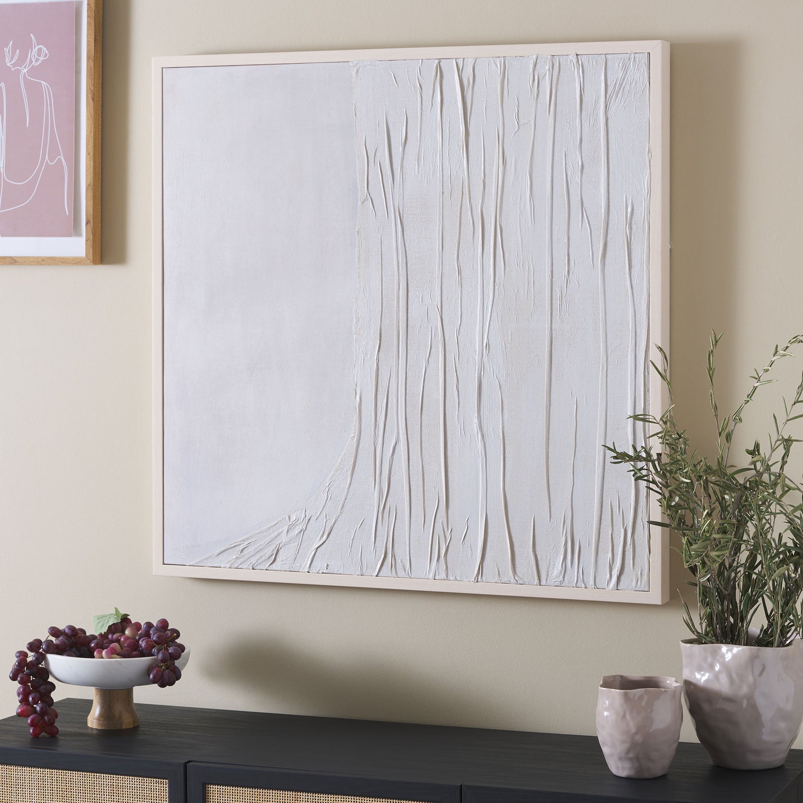 Textured off-white canvas art brings a soft, sculptural accent to a neutral living space || WLA3016A || front_room