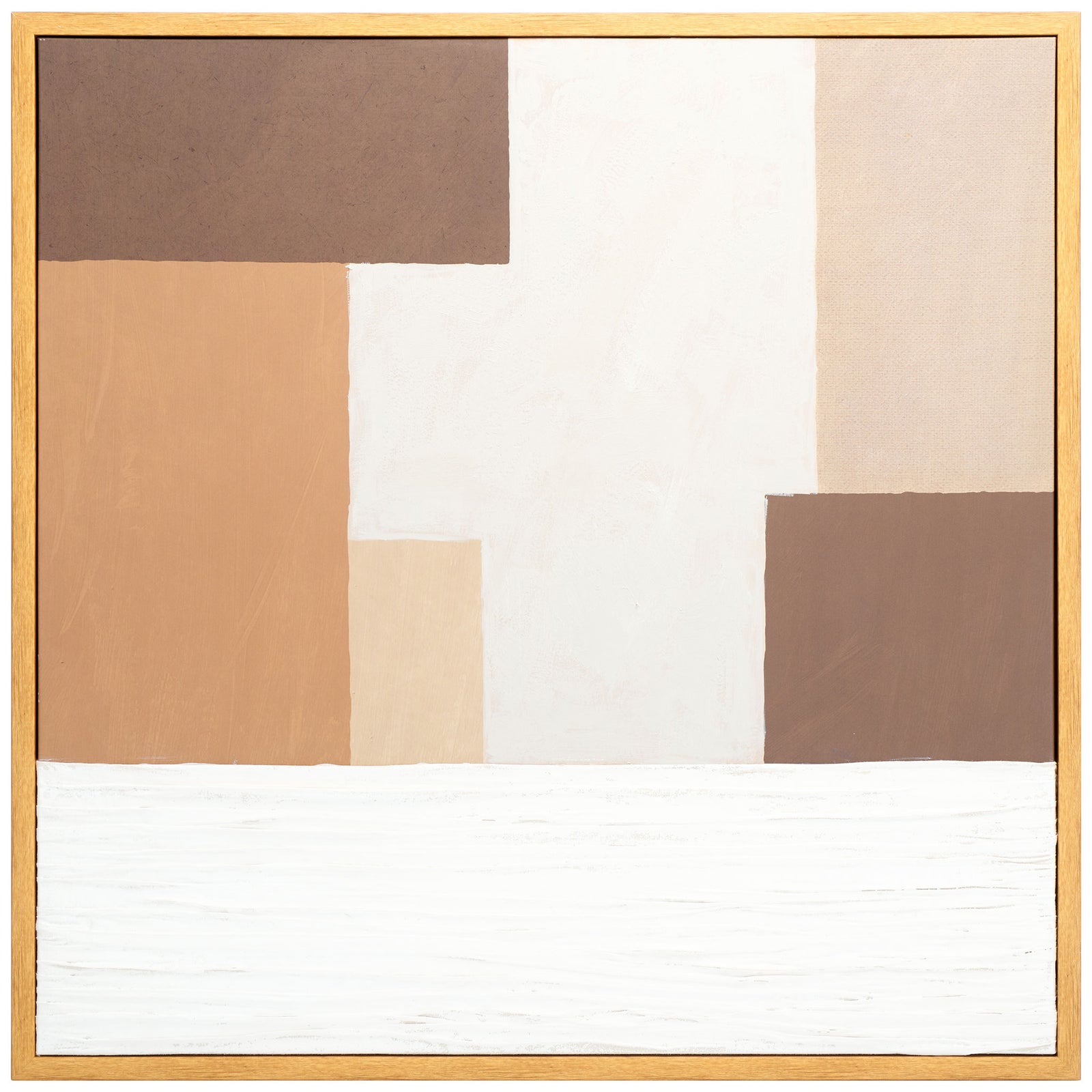 Earthy brown and tan color blocks create a serene abstract design within a slim wood-look frame || WLA3017A || front_studio