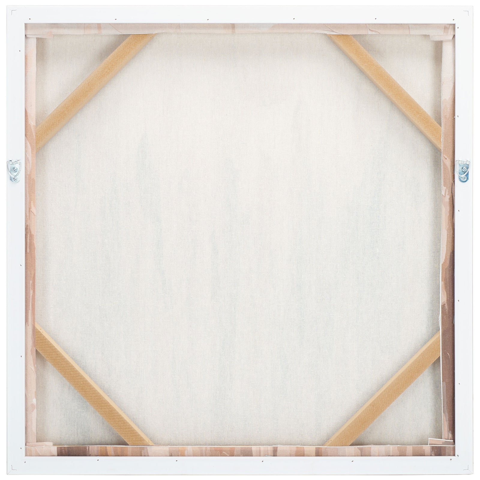 Reinforced wood corners and two metal D-ring hooks support this square canvas art. || WLA3019A || back_studio