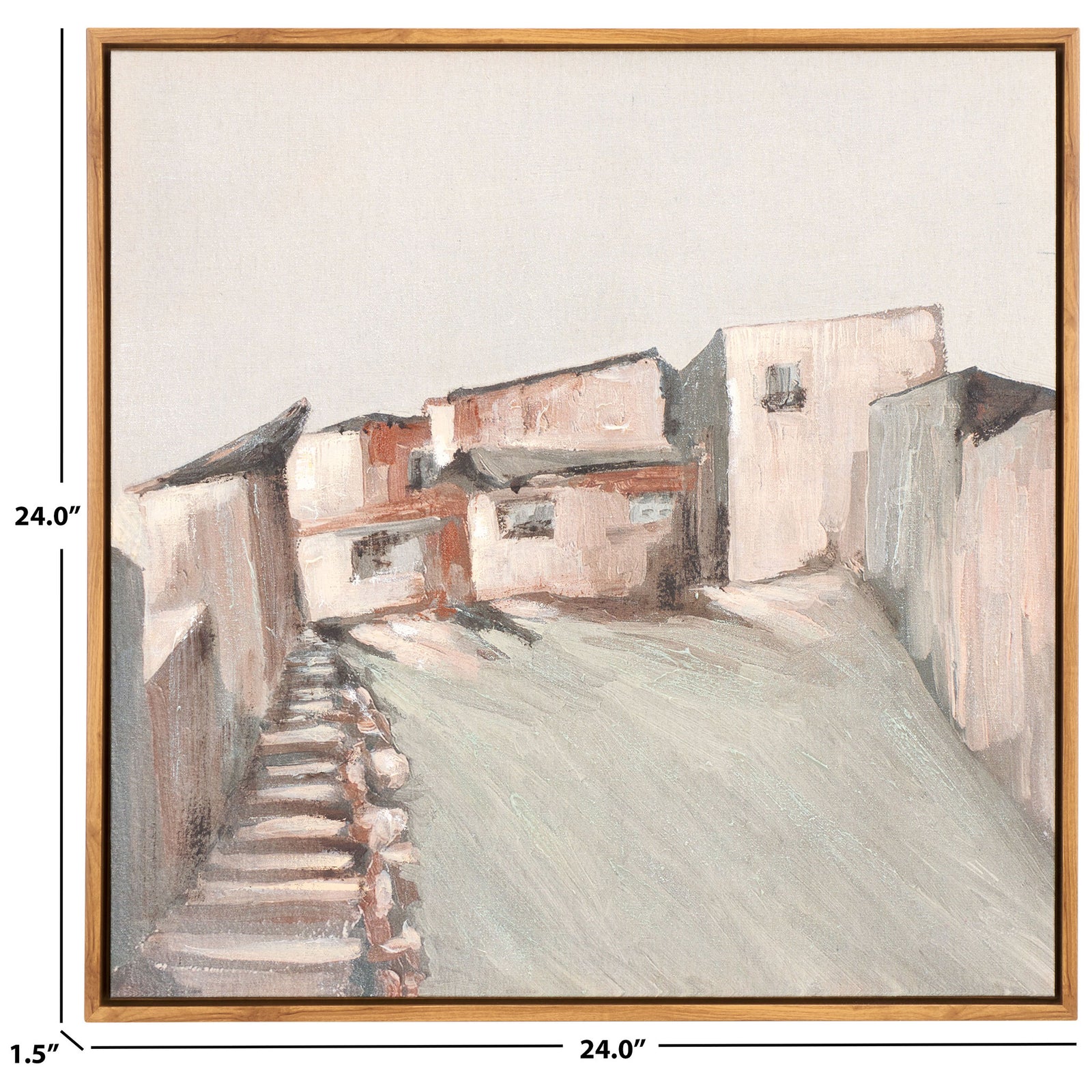 A 24-inch square frame with a slim 1.5-inch depth surrounds a quiet village scene. || WLA3021A || dimension_studio