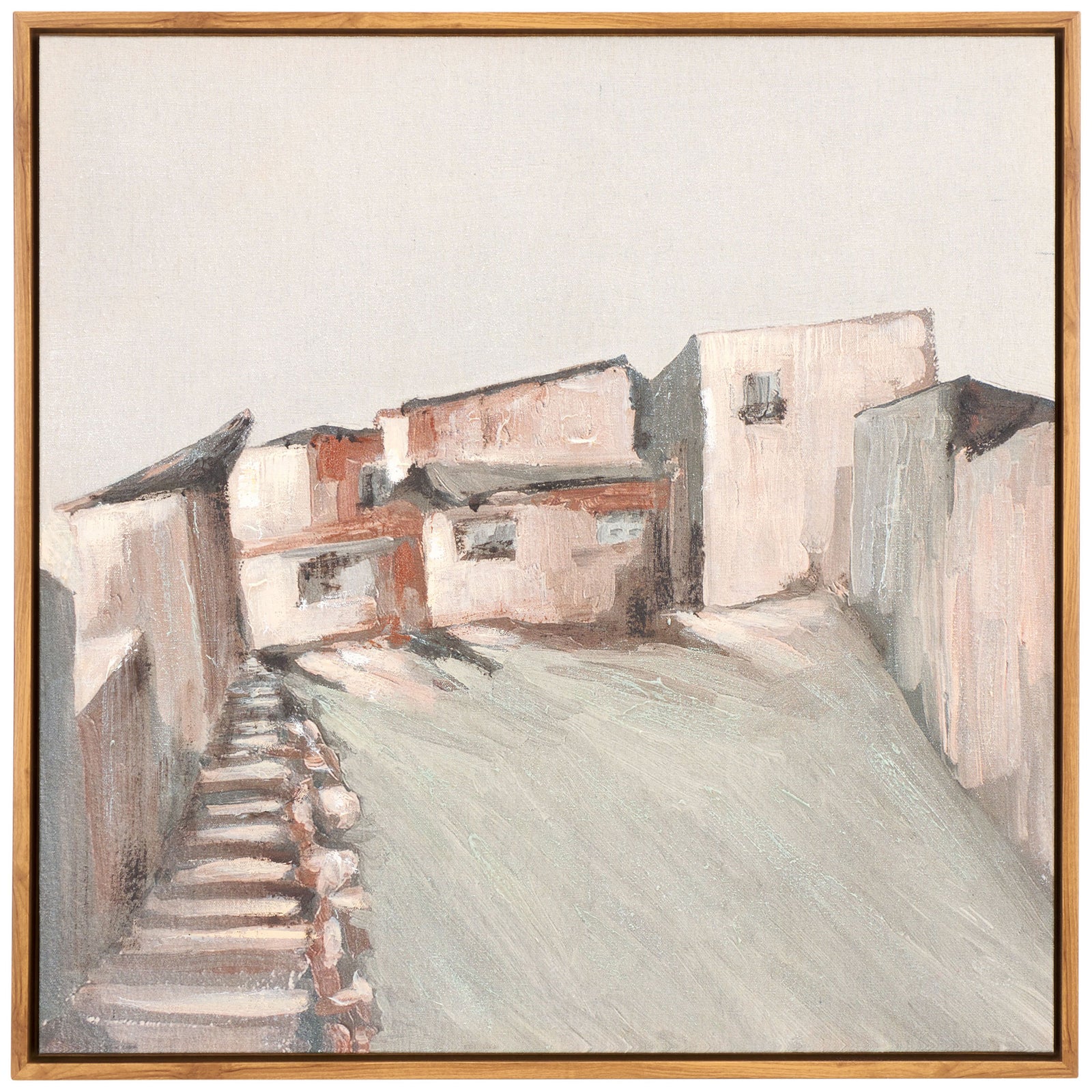 Muted blue and brown buildings border a village stairway on this square canvas with a warm brown frame. || WLA3021A || front_studio