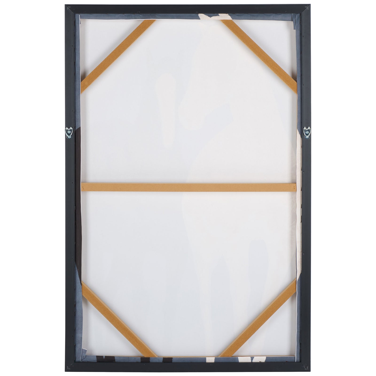 A black frame supports the stretched canvas with corner braces and metal hanging hardware. || WLA3027A || back_studio