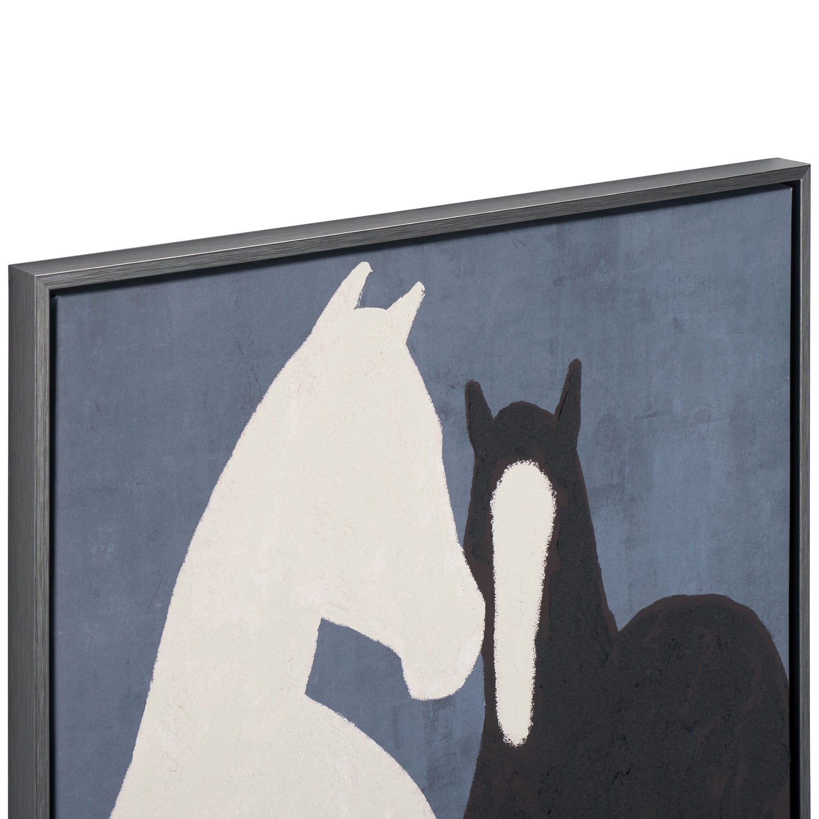 Textured white and dark horse figures contrast with a muted blue-gray canvas and slim black frame. || WLA3027A || detail_studio