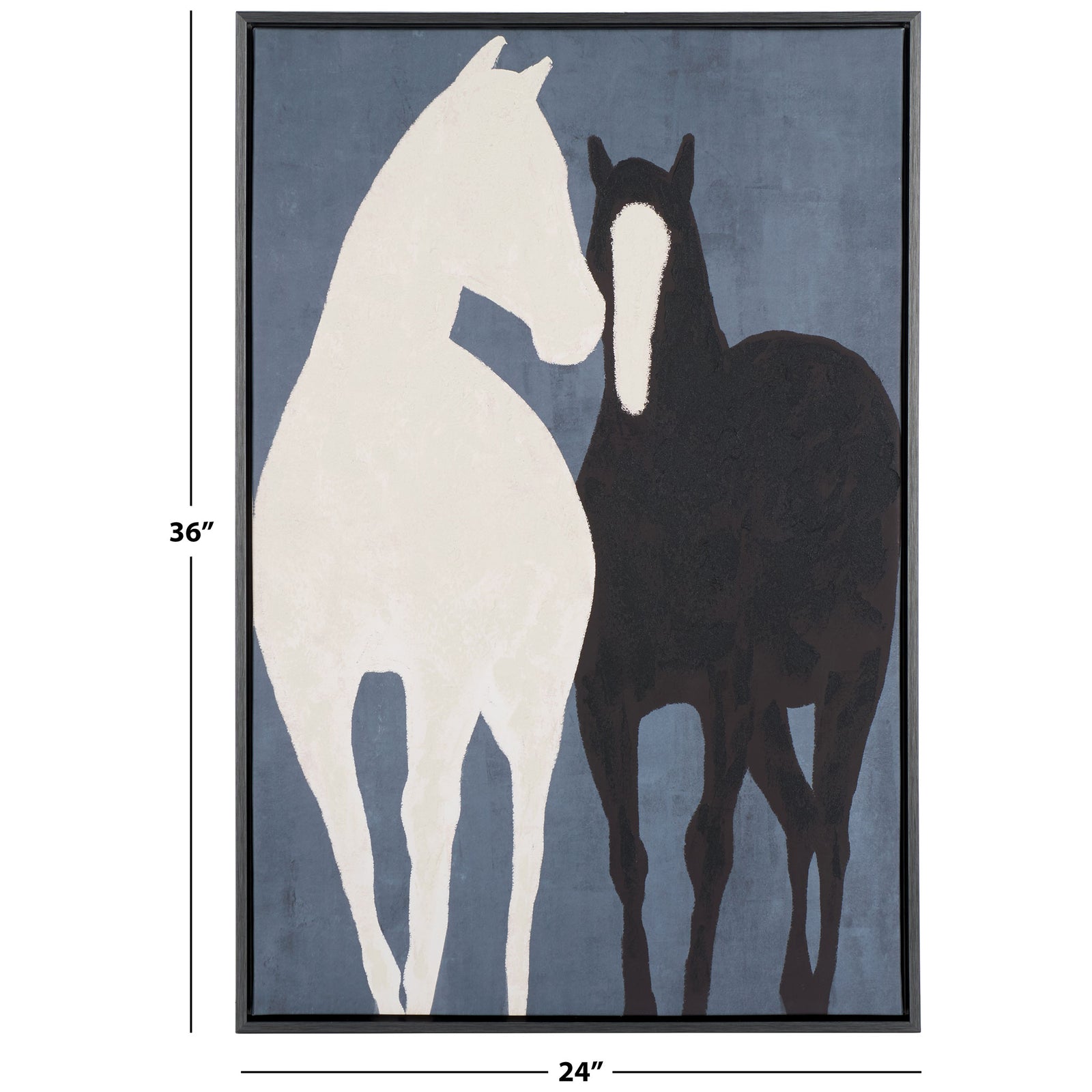 Contrasting white and dark horses fill a 24-by-36-inch vertical frame against a blue-gray background. || WLA3027A || dimension_studio