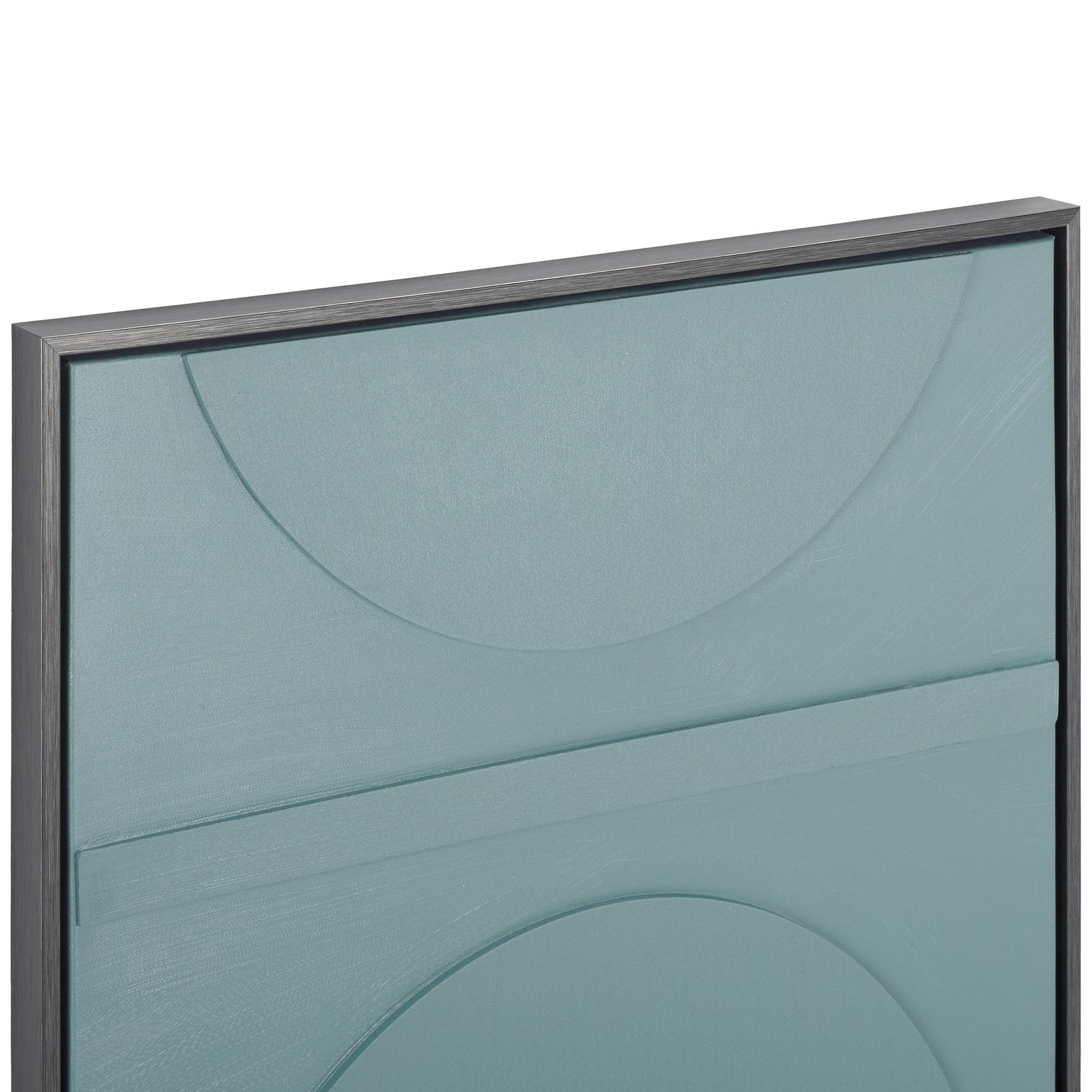 Textured blue-gray canvas art features curved geometric lines and a slim black frame. || WLA3028A || detail_studio