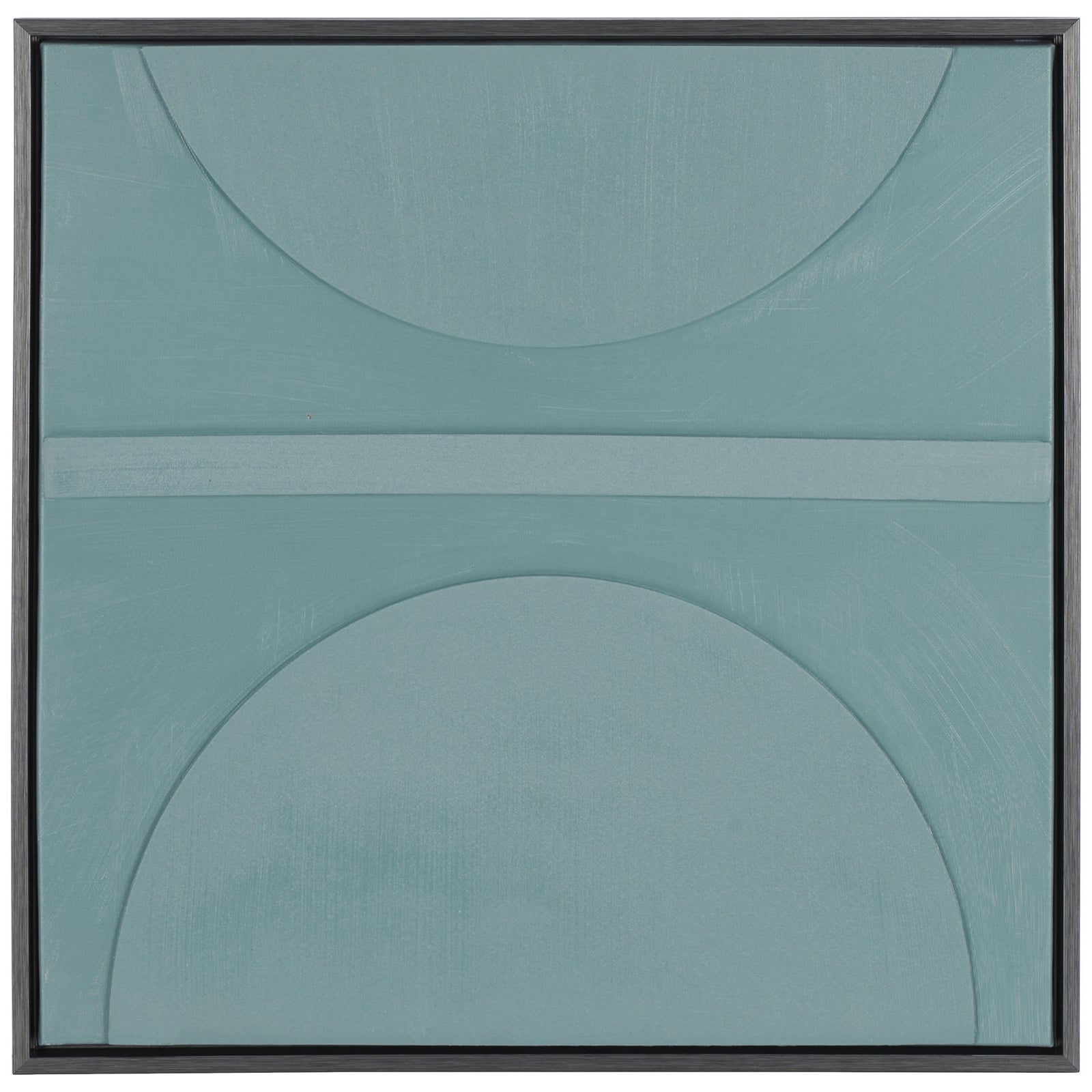 Hand-painted blue-gray canvas art balances opposing semicircles and a horizontal band in a black frame. || WLA3028A || front_studio