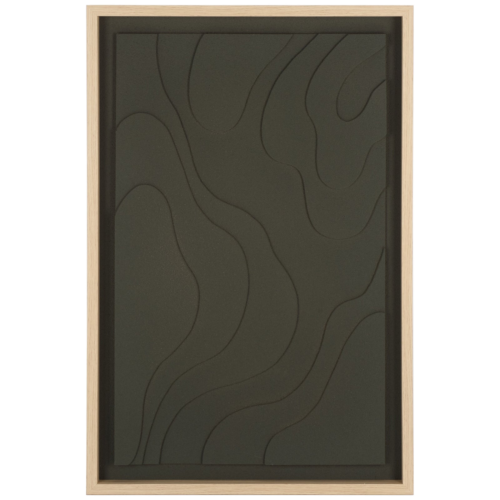 Curving lines lend movement to charcoal wall art in a pale wood frame. || WLA3031A || front_studio