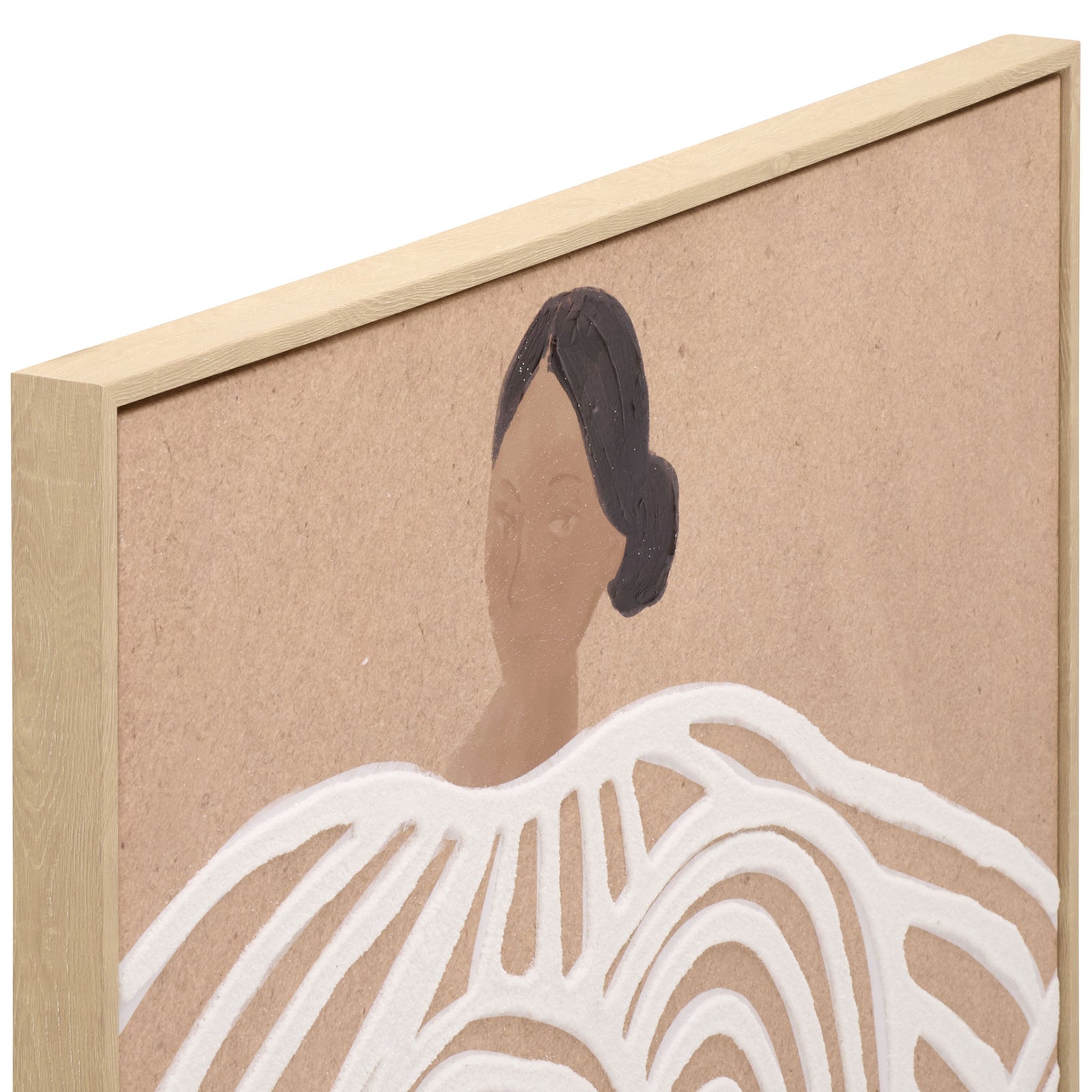 A softly rendered face and textured white curves bring depth to a tan canvas in a light-toned frame || WLA3040A || detail_studio
