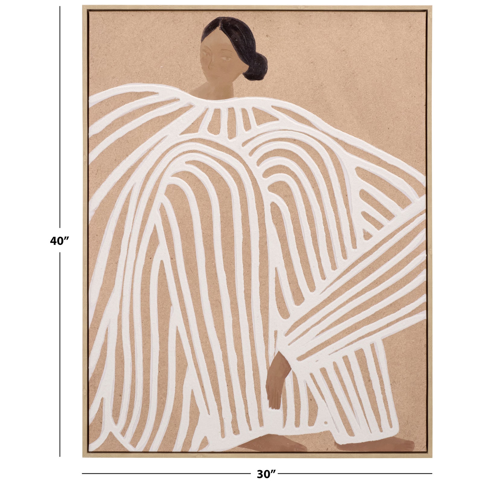 A 30-by-40-inch framed portrait pairs a serene figure with sweeping white lines and warm tan hues || WLA3040A || dimension_studio