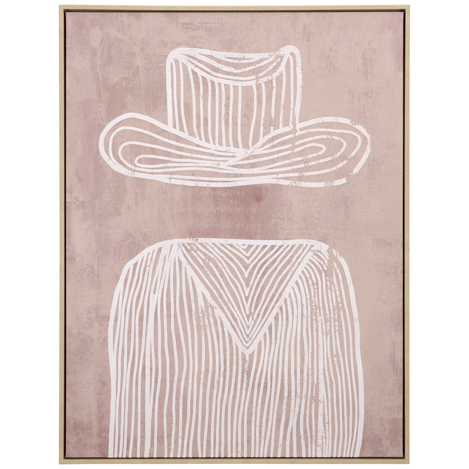 White linework outlines a cowboy hat and striped shirt against a textured mauve background. || WLA3041A || front_studio