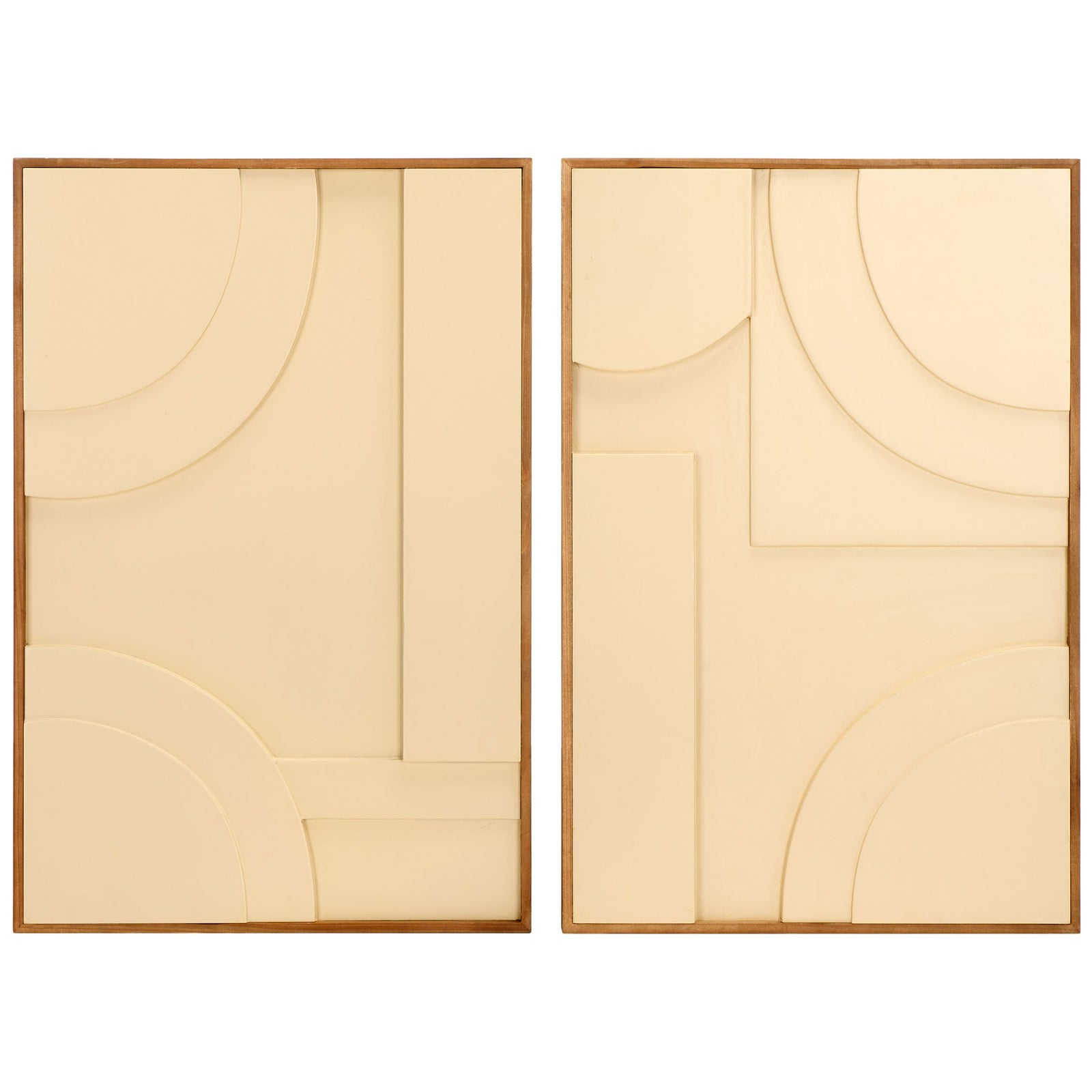Two cream geometric relief panels unite graceful curves, straight lines, and warm wood frames || WLA9001A-SET2 || front_studio