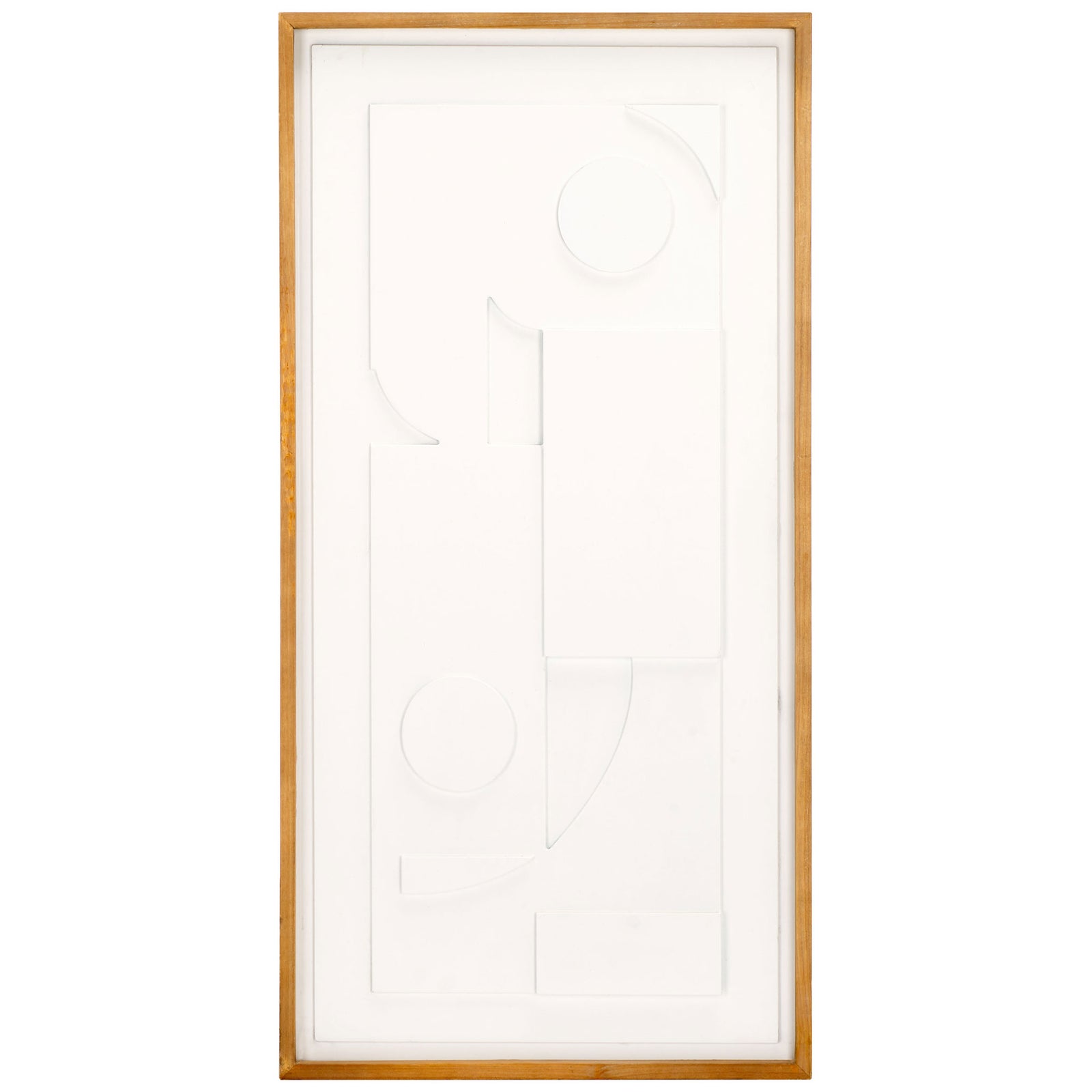 Raised white circles, arcs, and panels form a geometric relief within a light wood frame || WLA9002A || front_studio