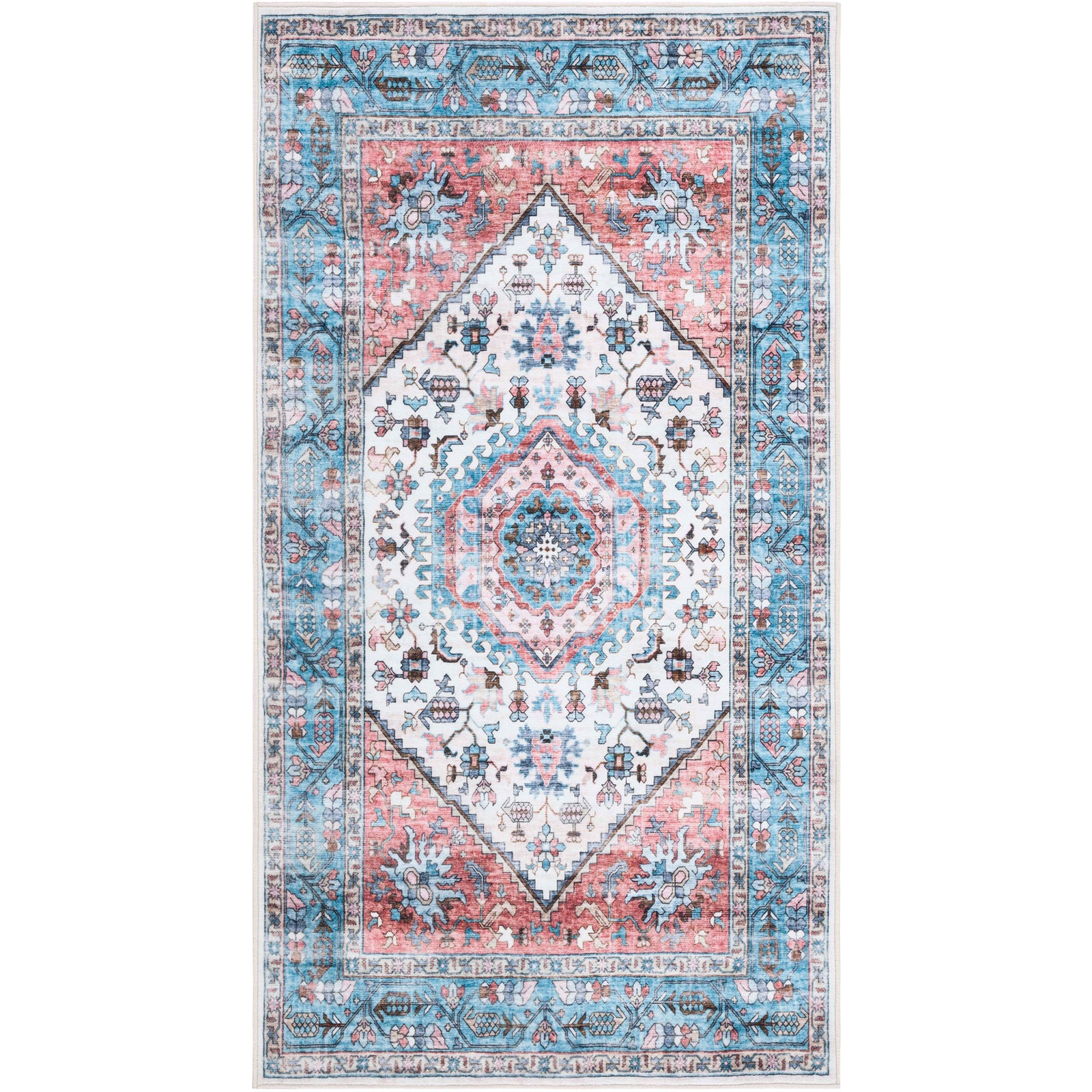 Turquoise and red area rug with crisp central medallion and decorative border || WPR322K-3 || top_studio