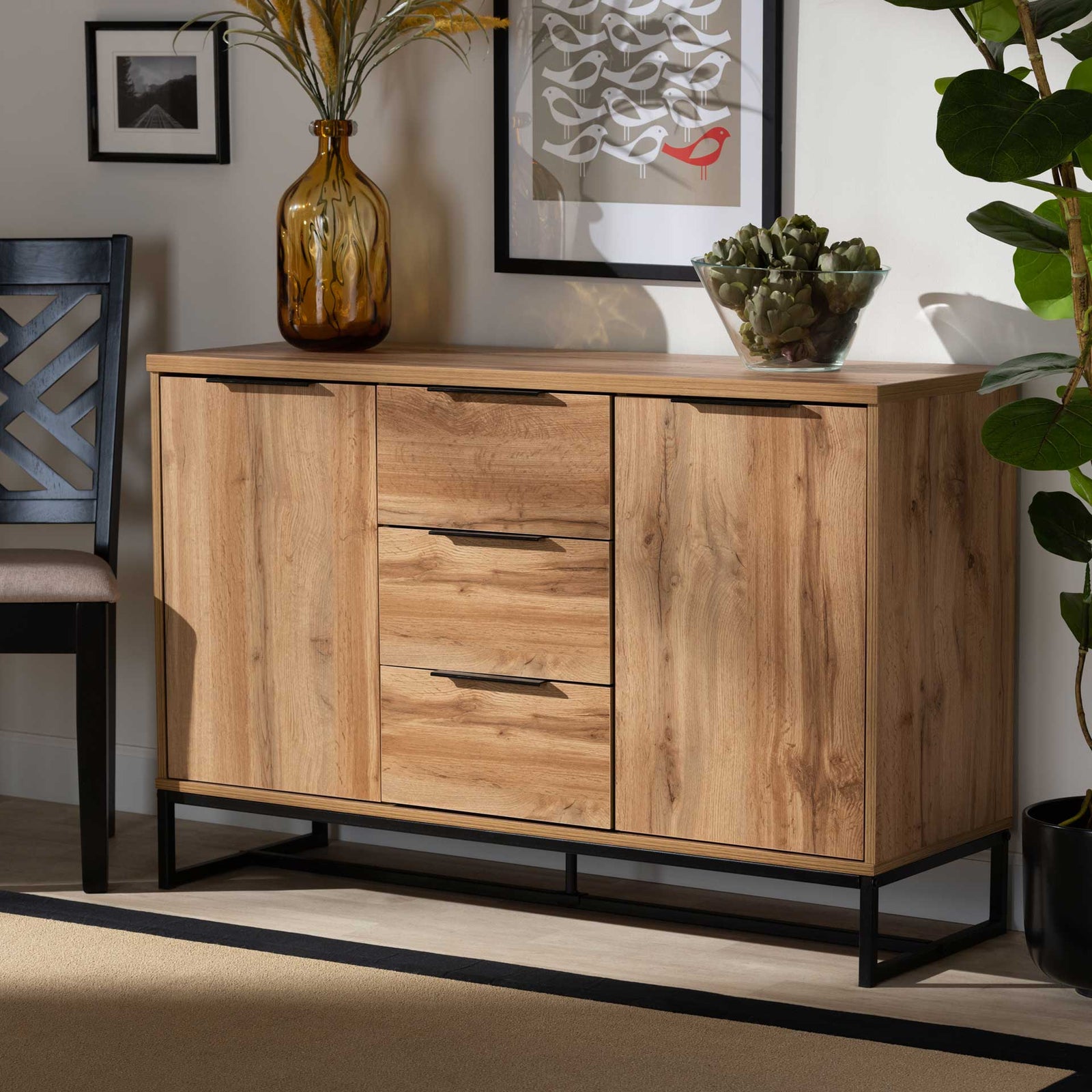 Realyn 3-Drawer Sideboard Oak/Black