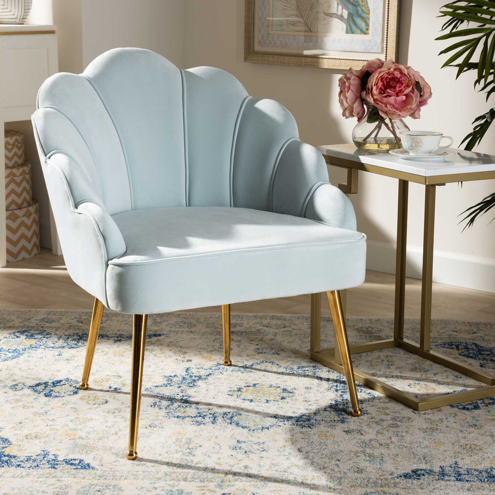 Ciarra Velvet Fabric Upholstered Chair Light Blue/Gold
