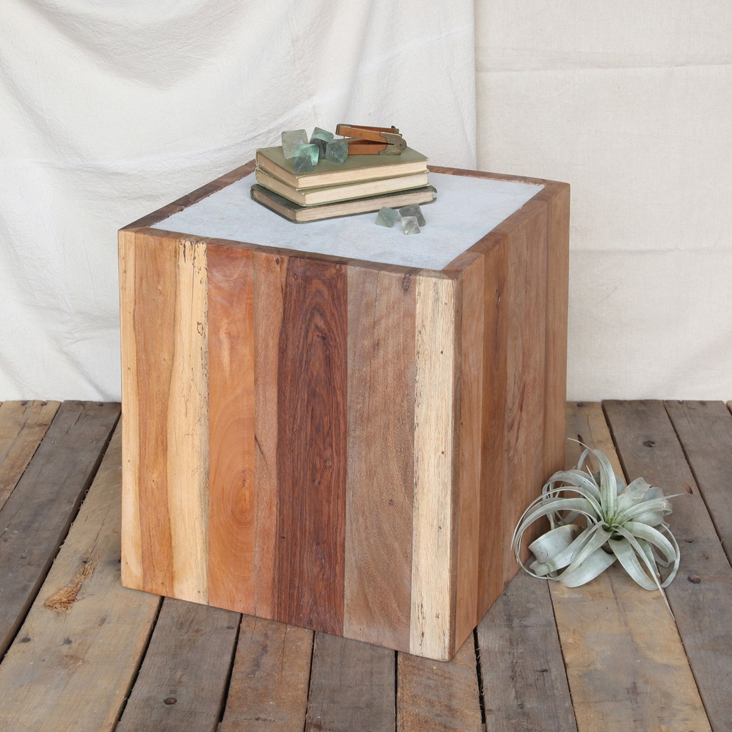 Reclaimed Wood Square Marble Top Table