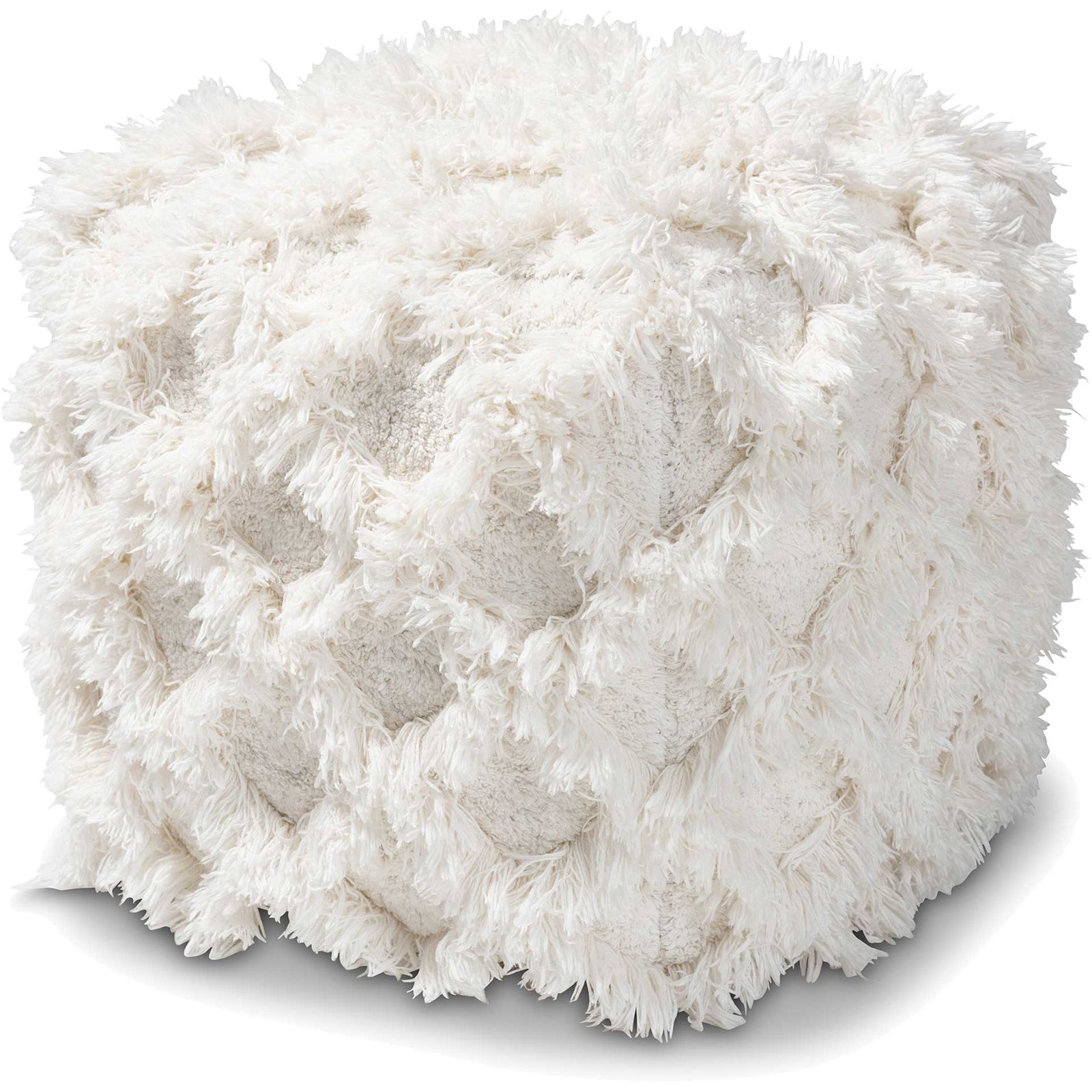Ashley Handwoven Cotton Fringe Pouf Ivory