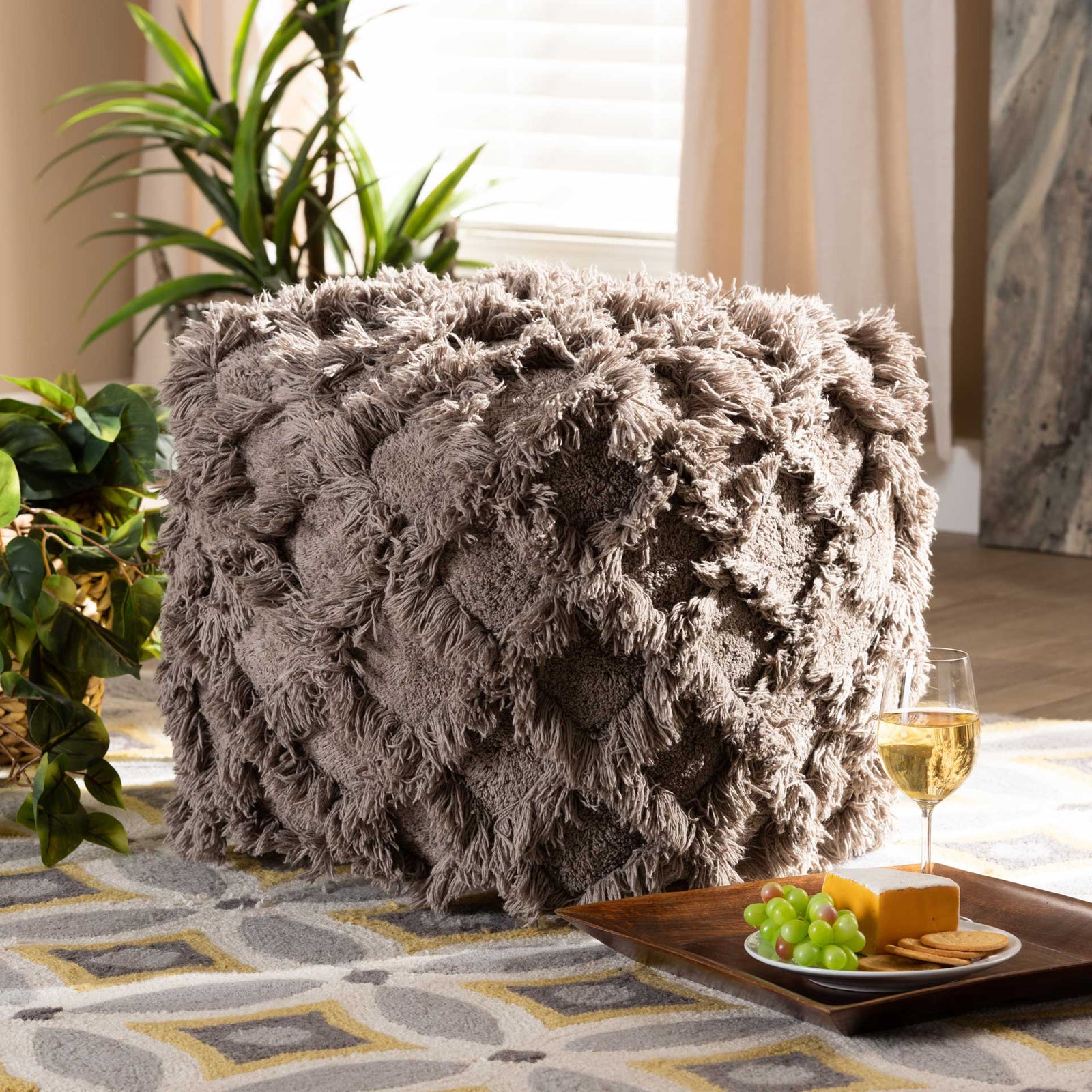 Ashley Handwoven Cotton Fringe Pouf Taupe