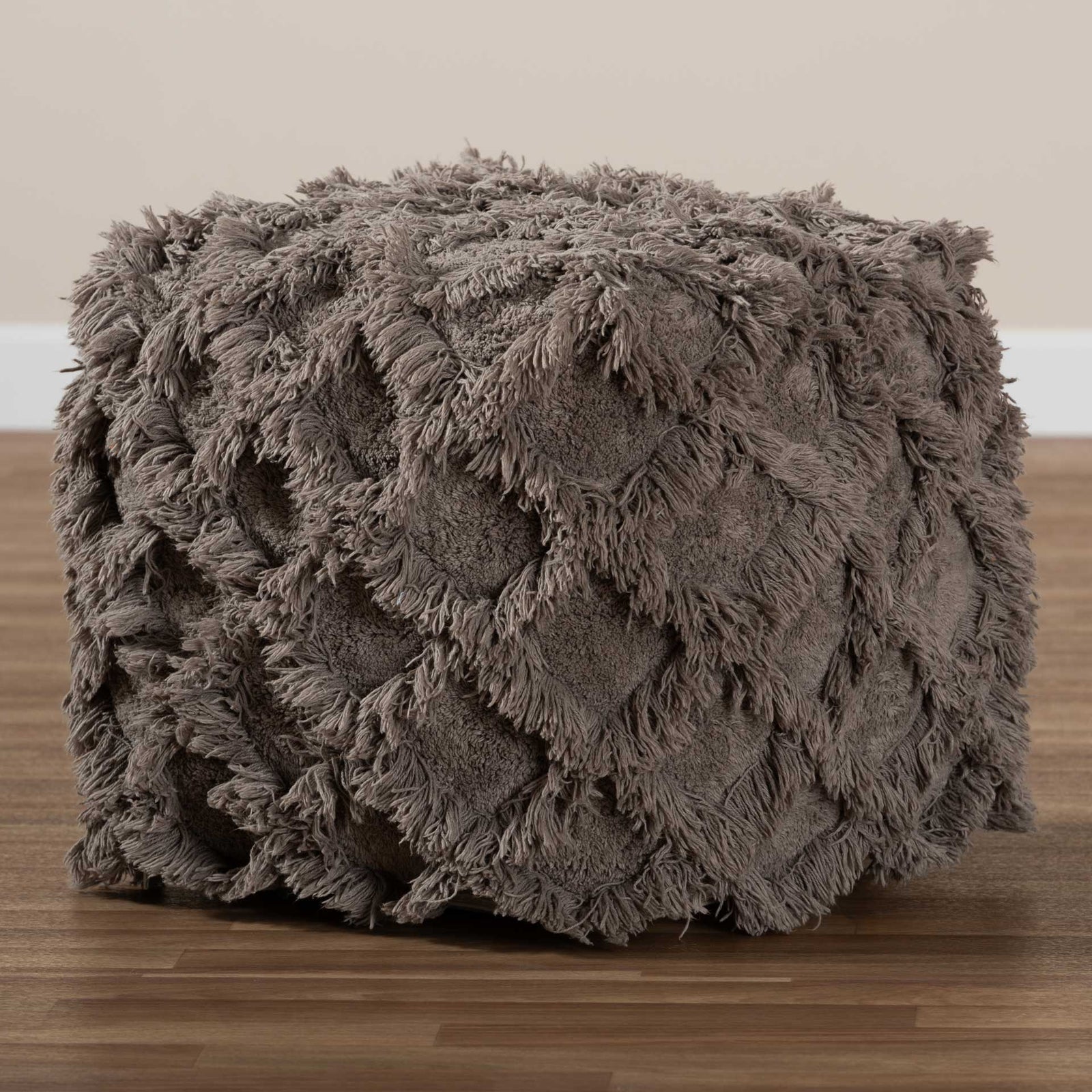 Ashley Handwoven Cotton Fringe Pouf Taupe