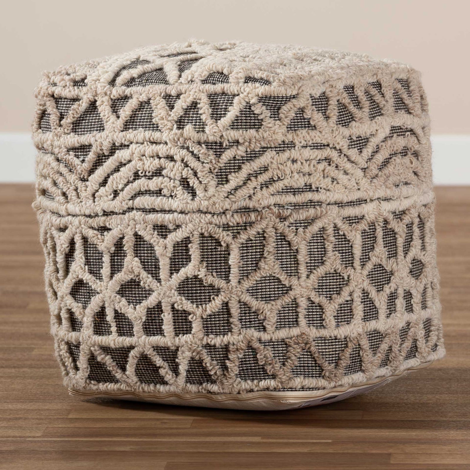 Ava Handwoven Cotton Pouf Beige/Brown