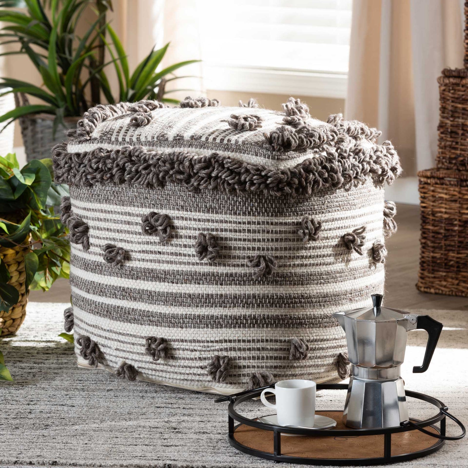 Elaina Handwoven Wool Pouf Ivory/Brown