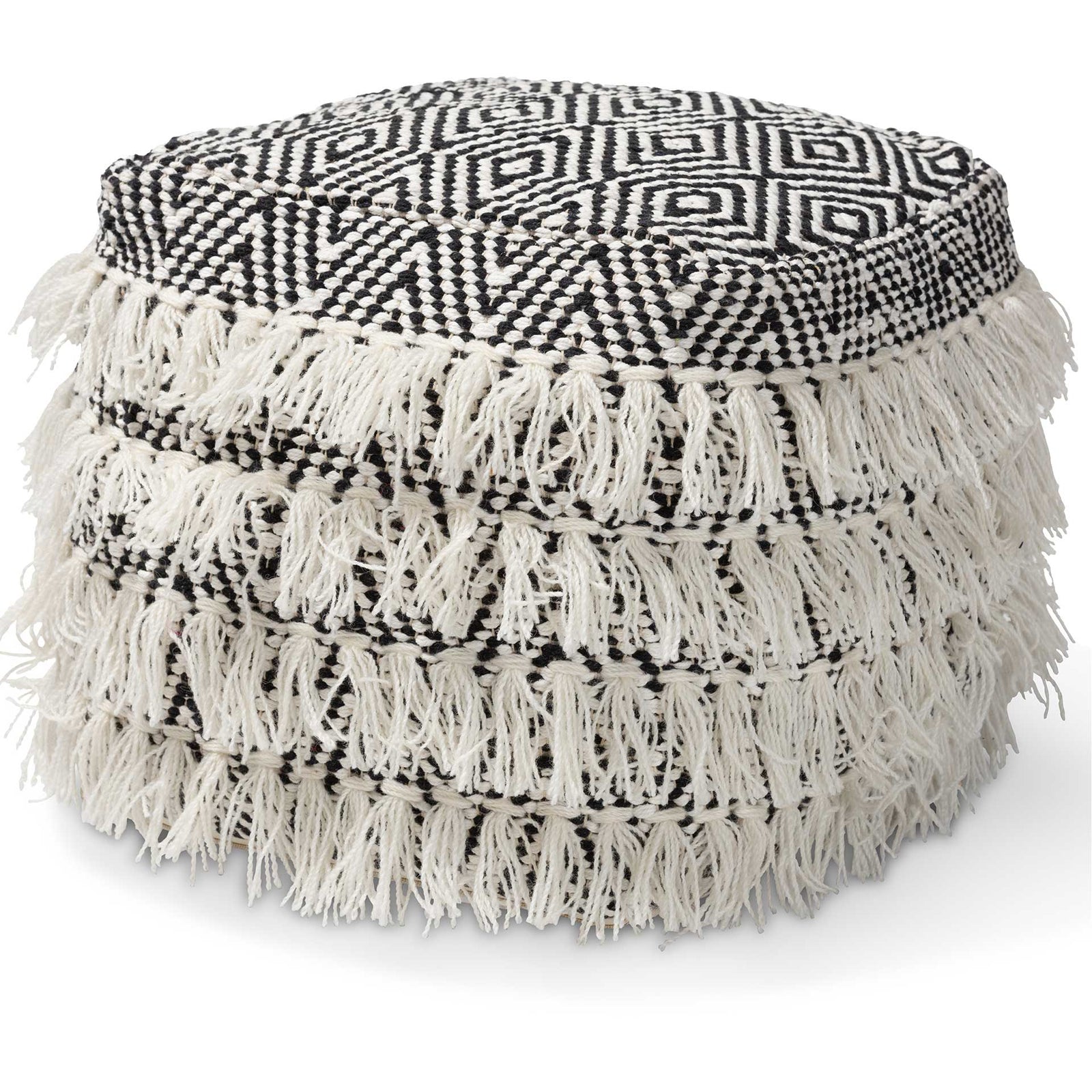 Allison Handwoven Wool Tassel Pouf Black/Ivory