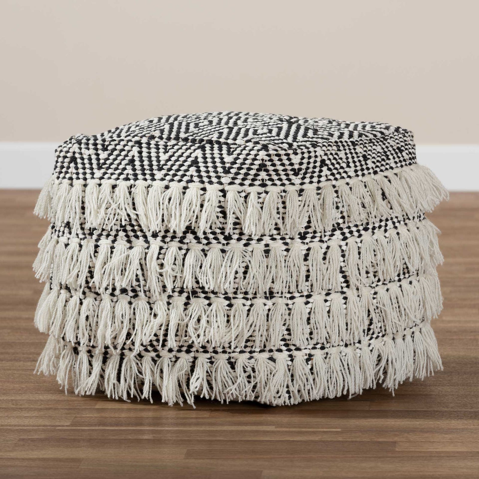 Allison Handwoven Wool Tassel Pouf Black/Ivory