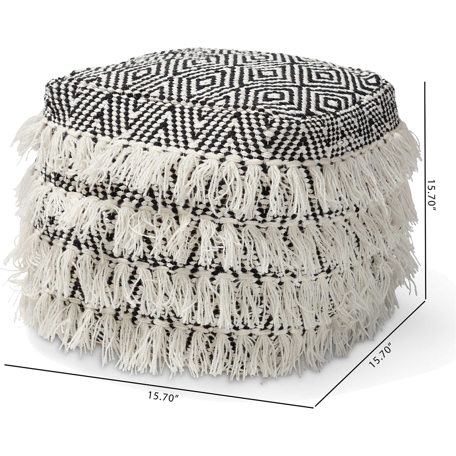 Allison Handwoven Wool Tassel Pouf Black/Ivory