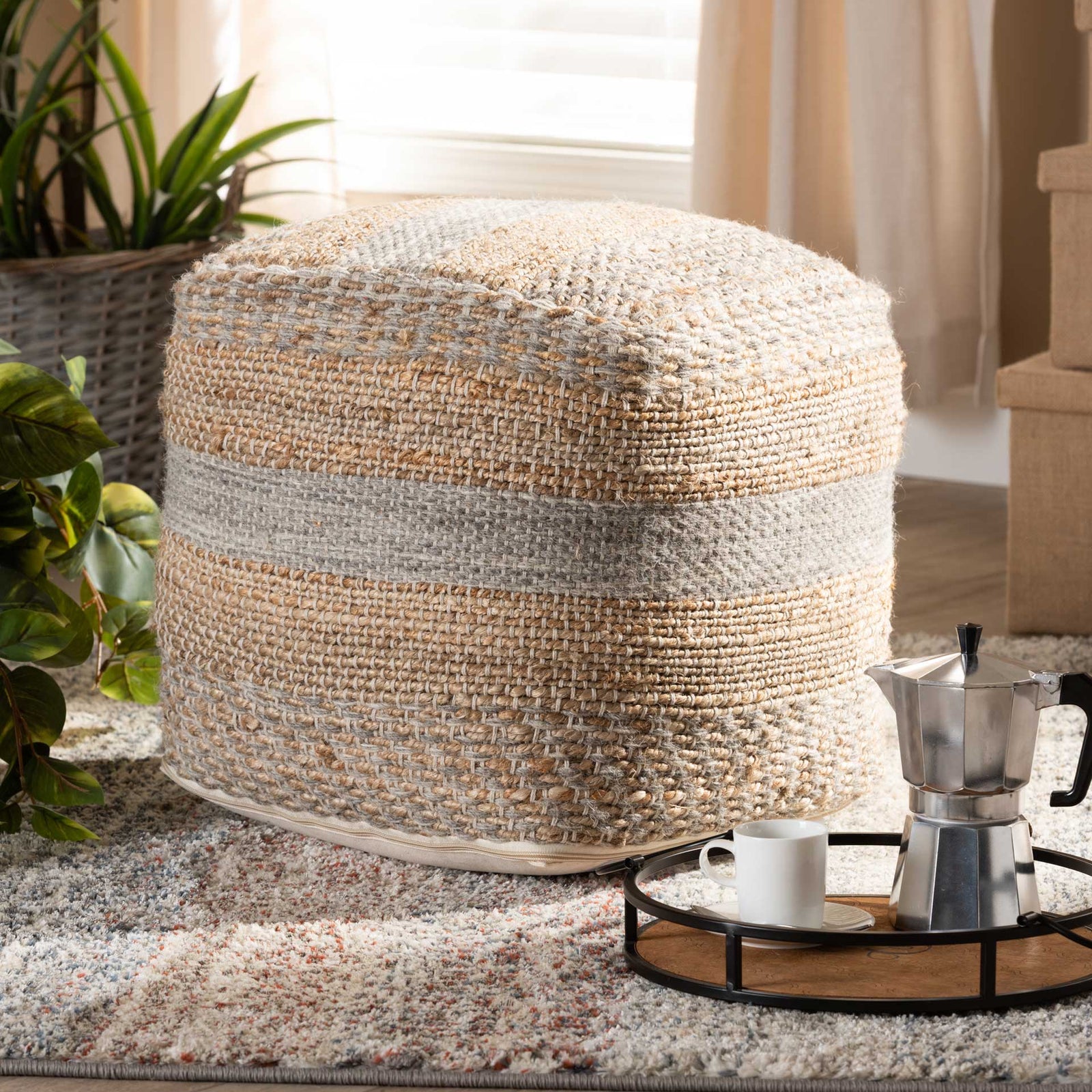 Gracey Handwoven Hemp Pouf Natural/Gray