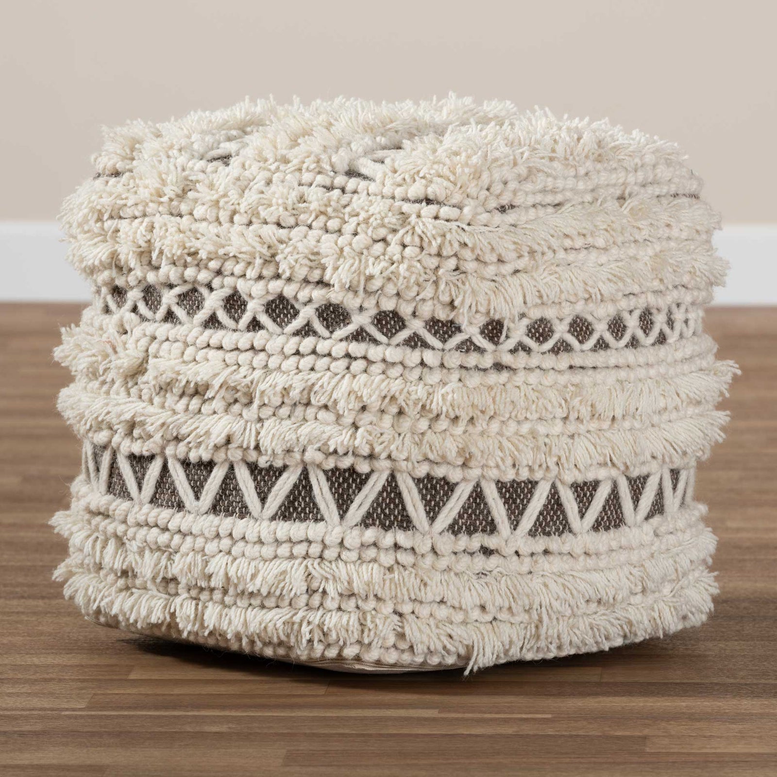 Velina Handwoven Wool Pouf Beige/Brown