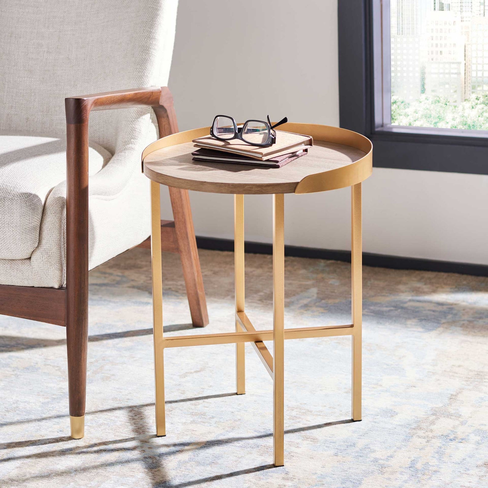 Preston Round Side Table Light Gray Oak/Gold