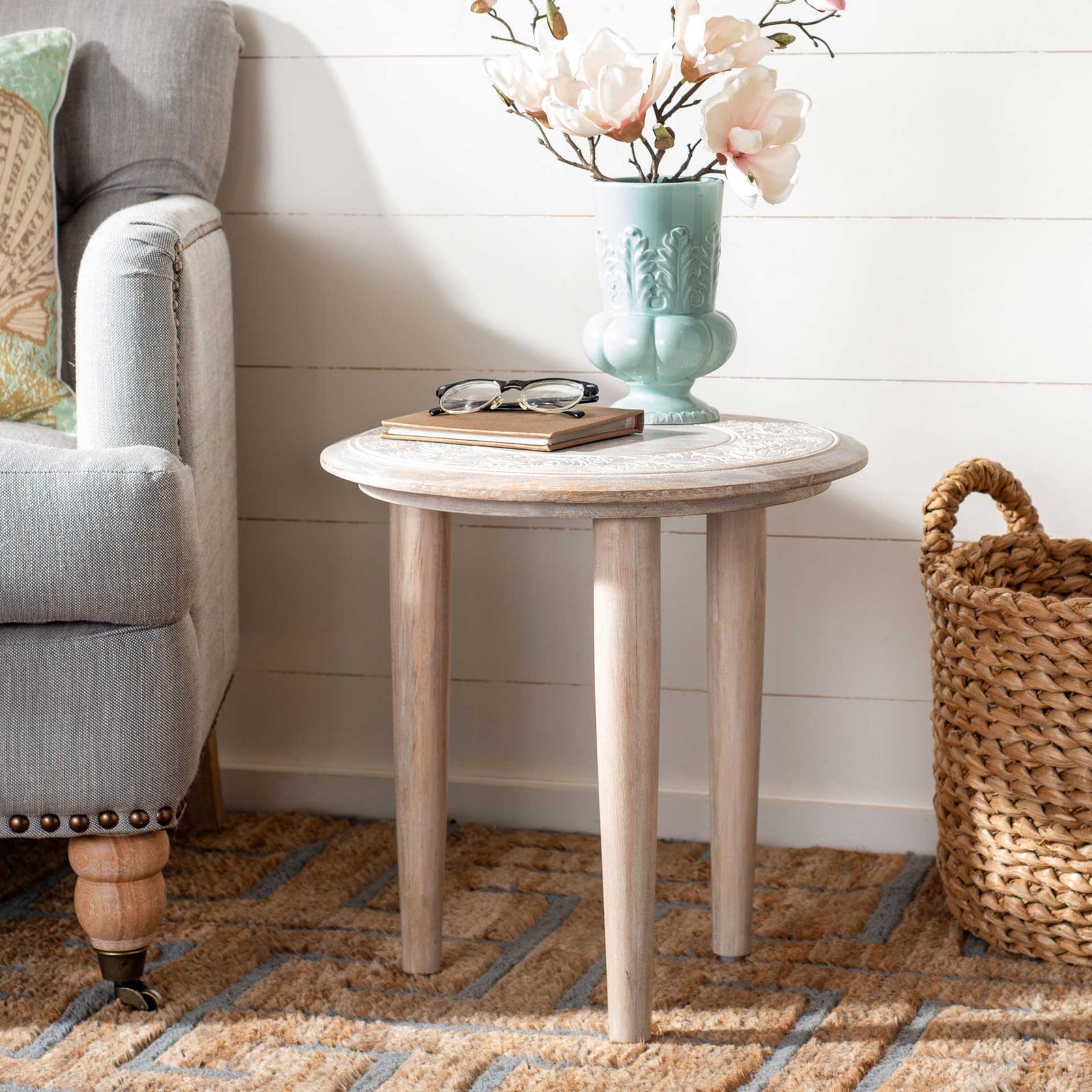 Realm Carved Side Table White Wash