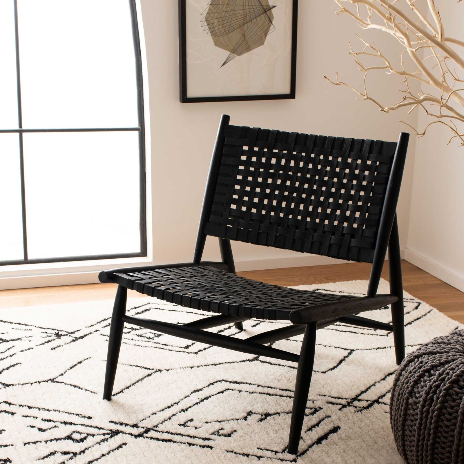 Sophie Leather Woven Accent Chair Black