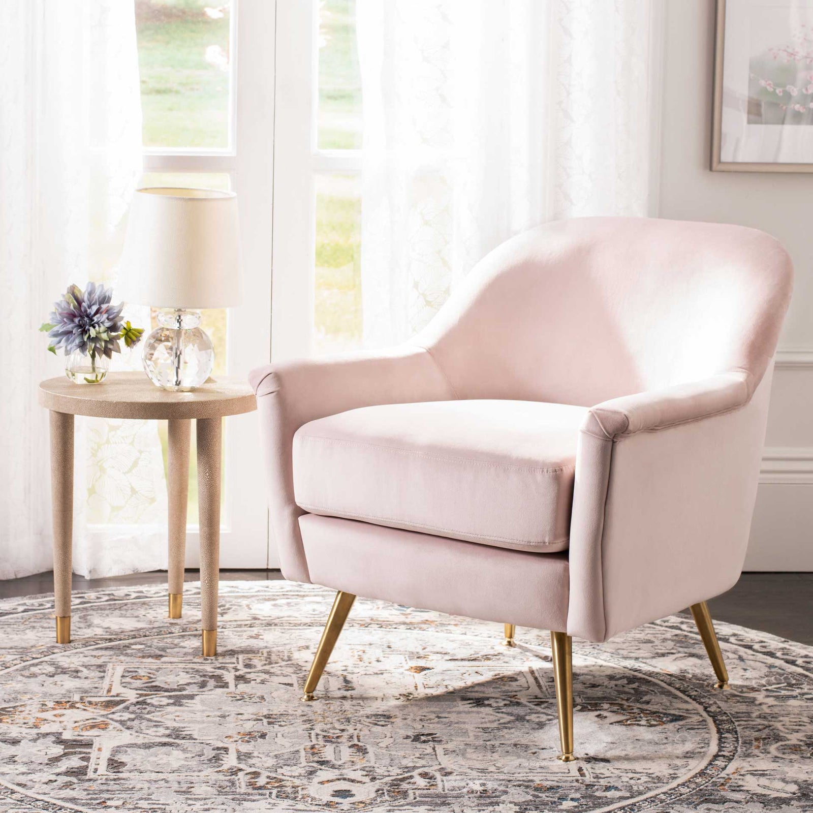 Brendan Mid Century Arm Chair Blush Pink/Brass