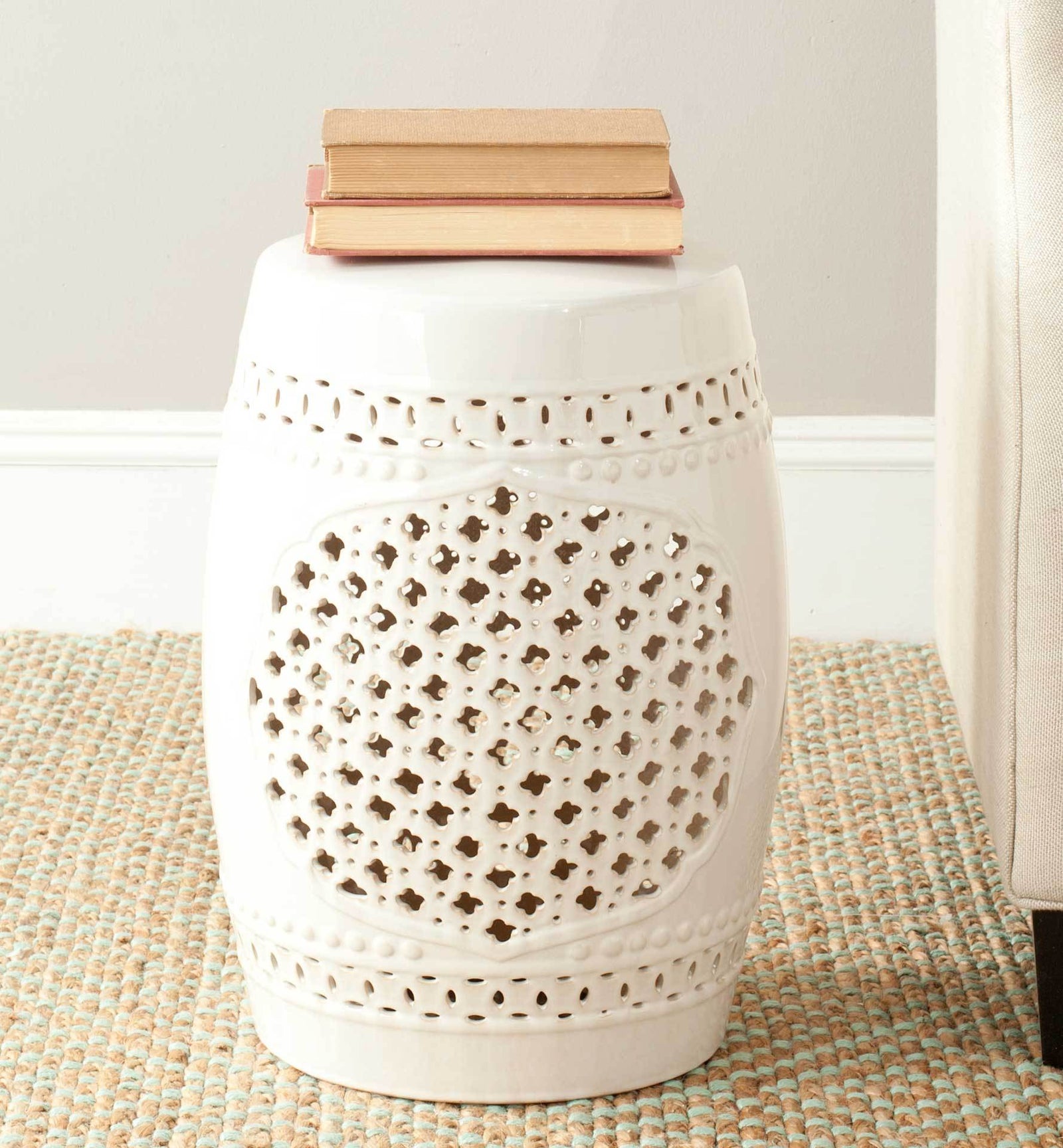 Adelyn Quatrefoil Garden Stool Creme