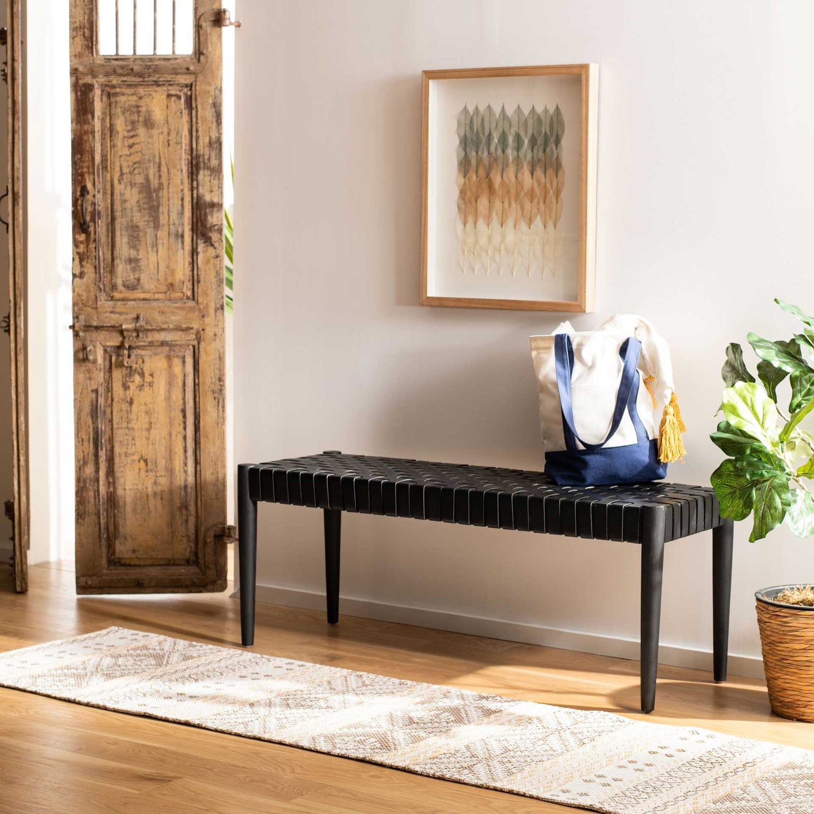 Amos Leather Weave Bench Black